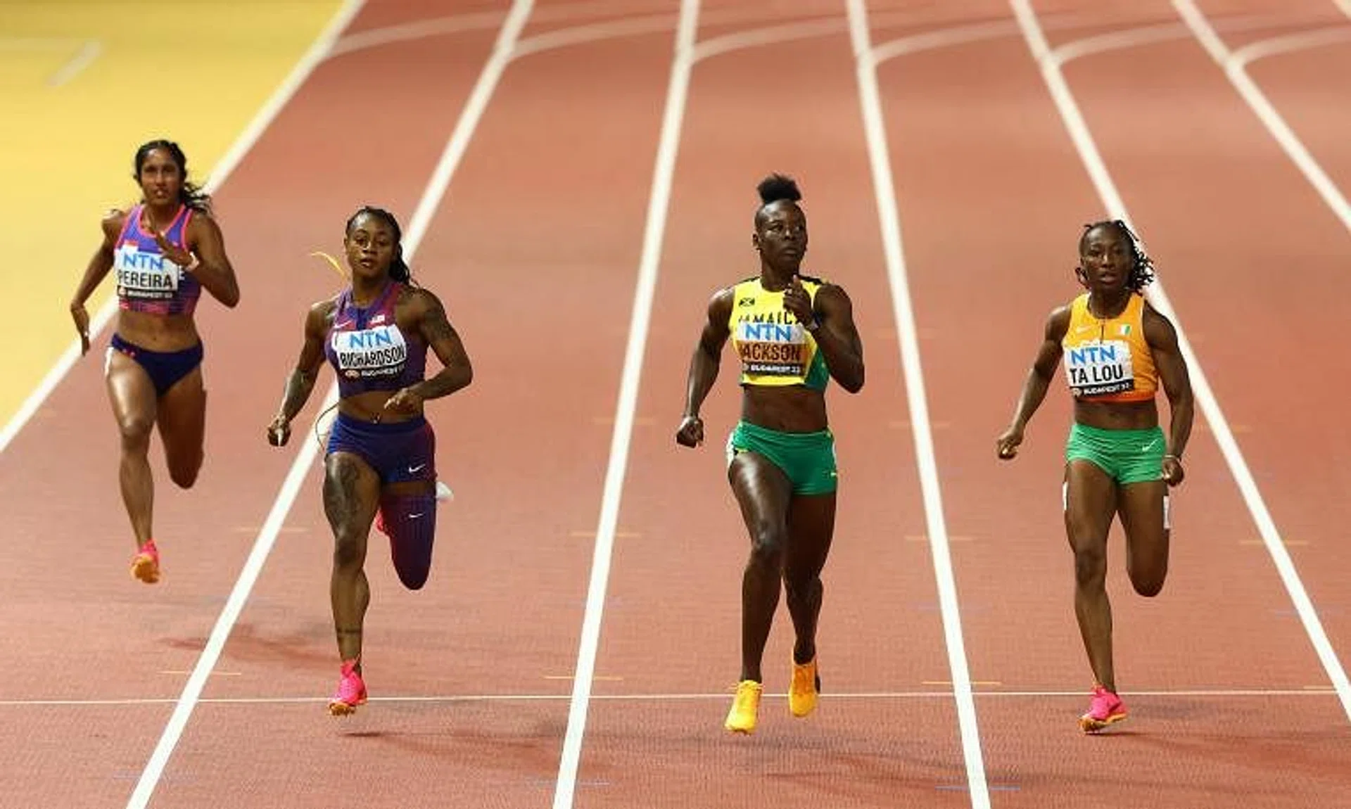 Shanti Pereira (far left) clocked 22.79 seconds to finish sixth in the third semi-final of the 200m at the World Athletics Championships. Jamaica's Shericka Jackson (third from left) won the race in 22.00sec.