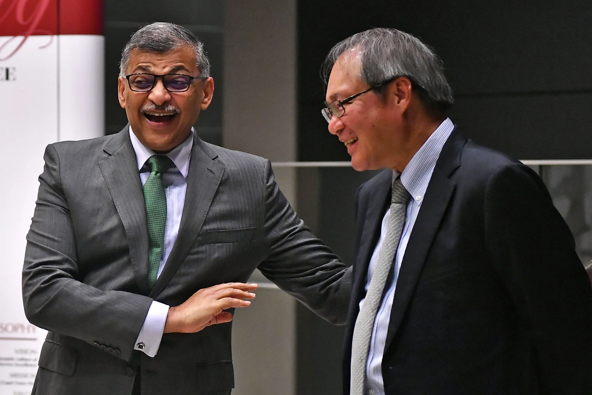 Chief Justice Sundaresh Menon (left) and Attorney-General Lucien Wong before CJ Menon's lecture at the auditorium of the Supreme Court Building yesterday. 