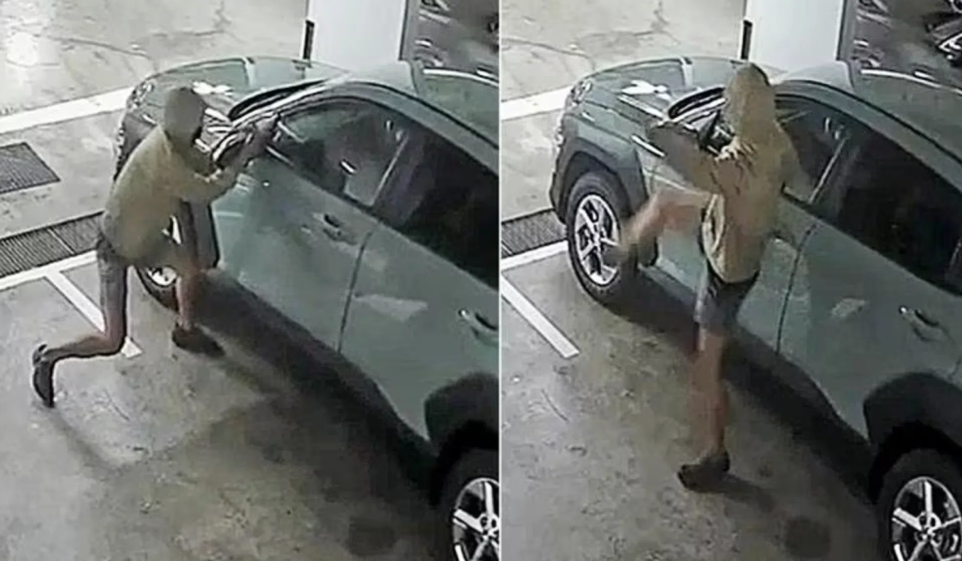 The CCTV footage shows the man trying to break the side mirror for about 20 seconds.
