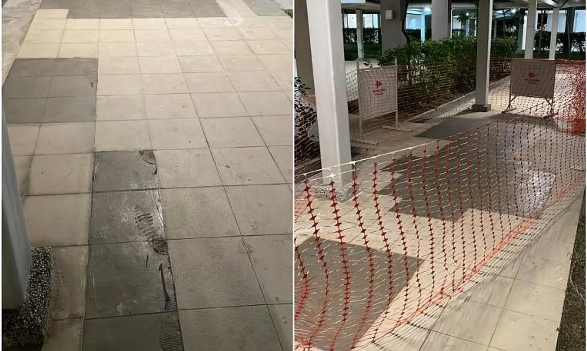 A layer of cement replaced cracked tiles at a HDB in Anchorvale.