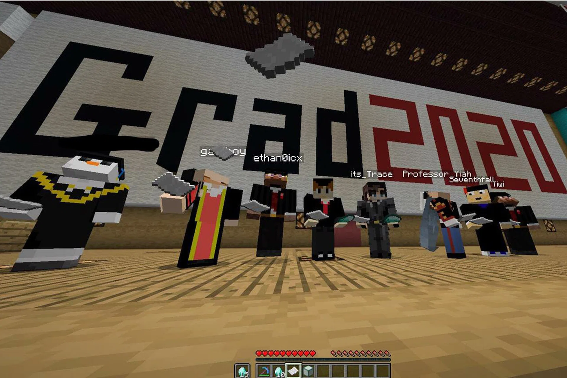 Temasek Polytechnic students' Minecraft avatars on a virtual stage, tossing their newly collected certificates. 
