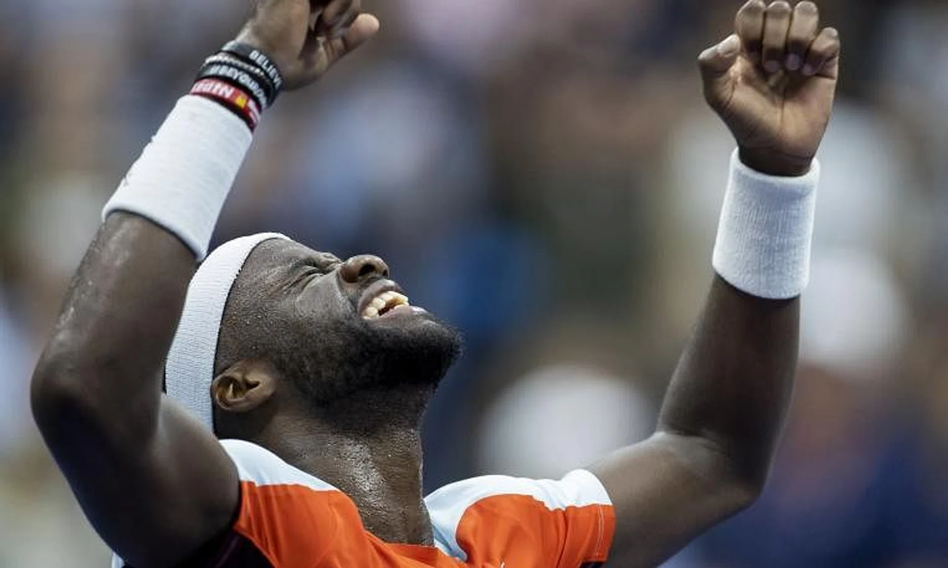 Frances Tiafoe, of the US, reacts after defeating Russia's Andrey Rublev.