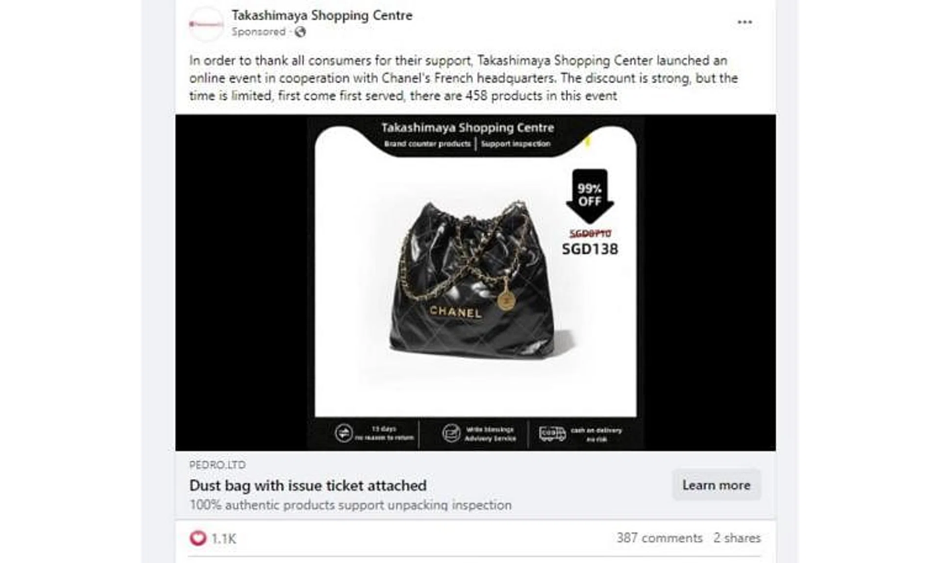 The fraudulent ad involves a Chanel 22 handbag being sold at a 99 per cent discount for $138. 