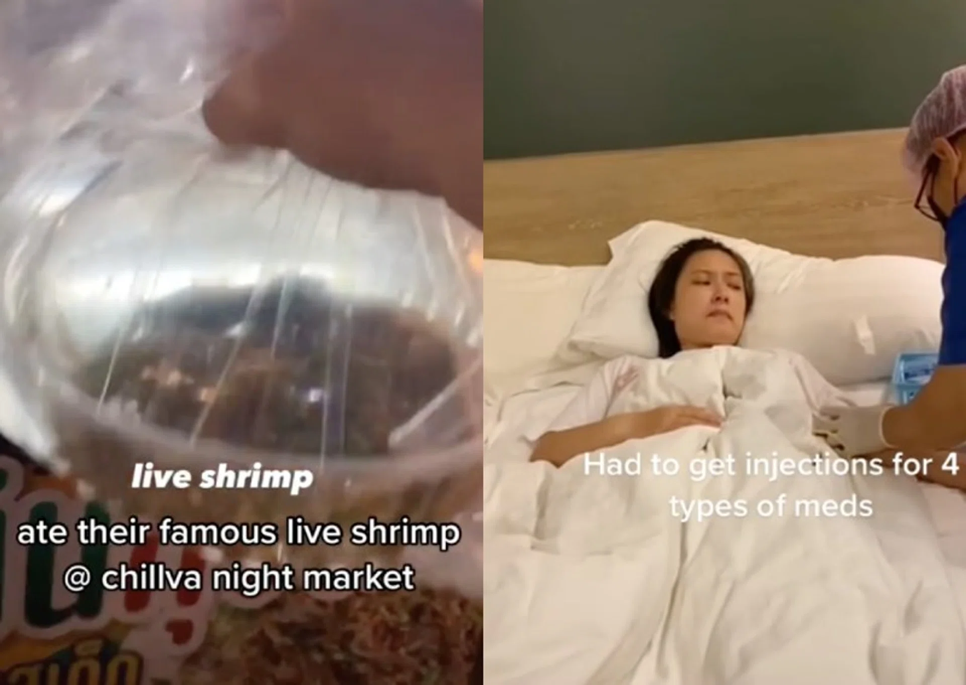 TikTok user User818391963 had food poisoning after eating 'Dancing Shrimp' (left) in Phuket, while user Blooppbloop0 (right) suffered a similar fate after having raw oysters, also in Phuket.