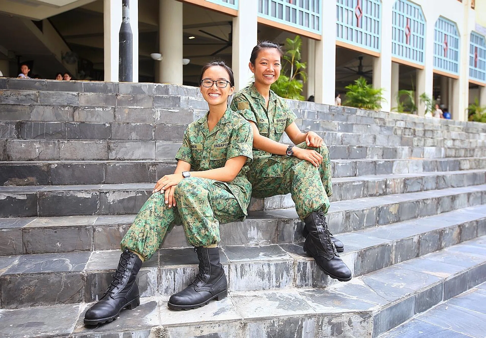 SAF recruits Jade Phua (left) and Sharmaine Koh. 