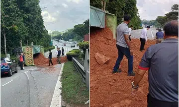 Exit on SLE closed after tipper truck topples; man taken to hospital