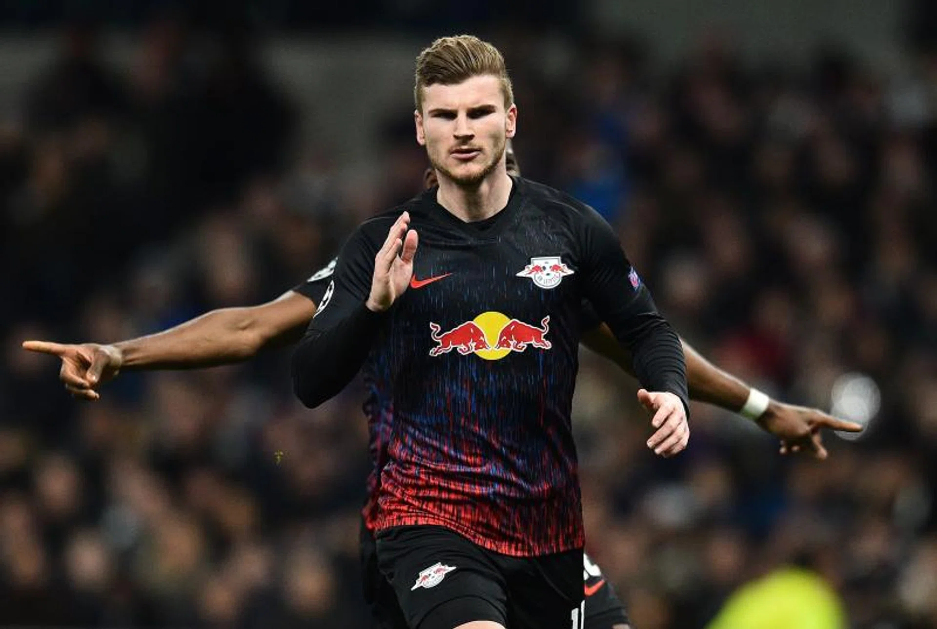 Timo Werner celebrates after scoring against Tottenham Hotspur. 