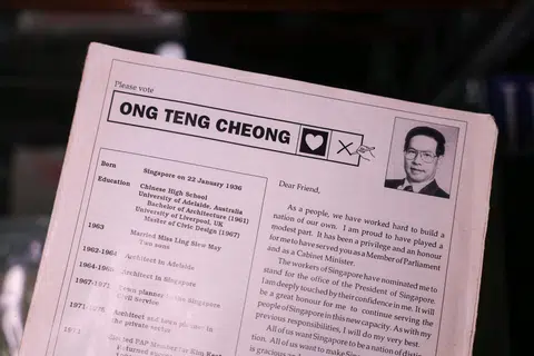 A close-up of the late Ong Teng Cheong's presidential election campaign flyer at the Treasure At Home Vintage Shop at 80 Playfair Road on April 22, 2025.