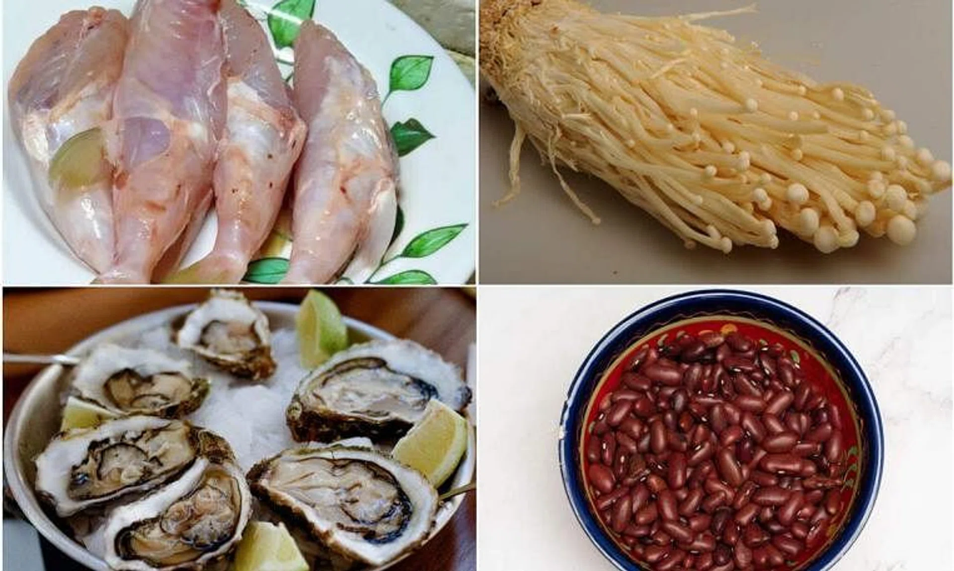 (Clockwise from top left) Pufferfish, enoki mushrooms, kidney beans and oysters are food items you may want to take a little bit extra caution with.