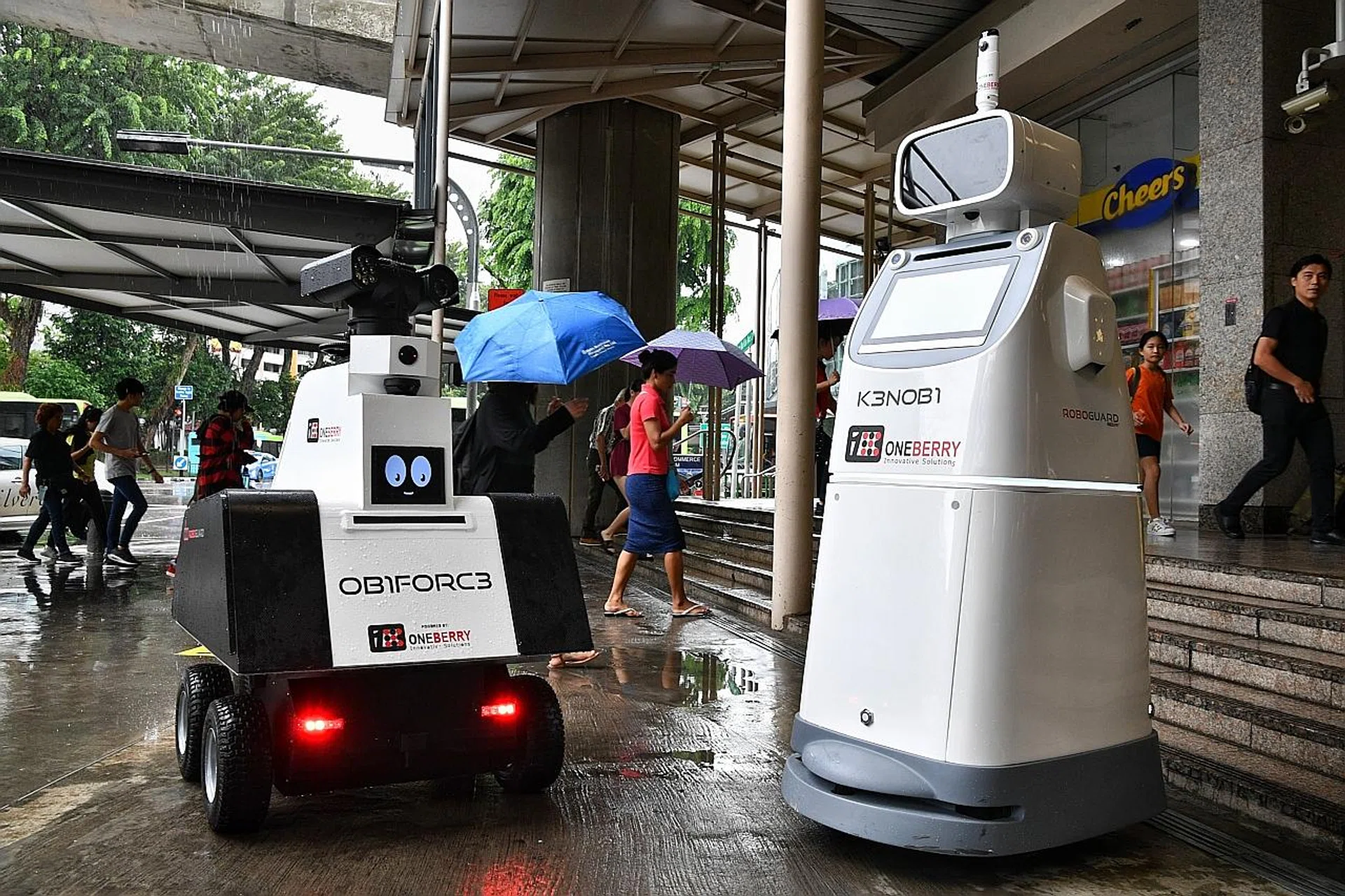 The robots - the OB1FORC3 and the K3NOBI models - have intelligent surveillance cameras, sensors and video analytics capabilities. 
