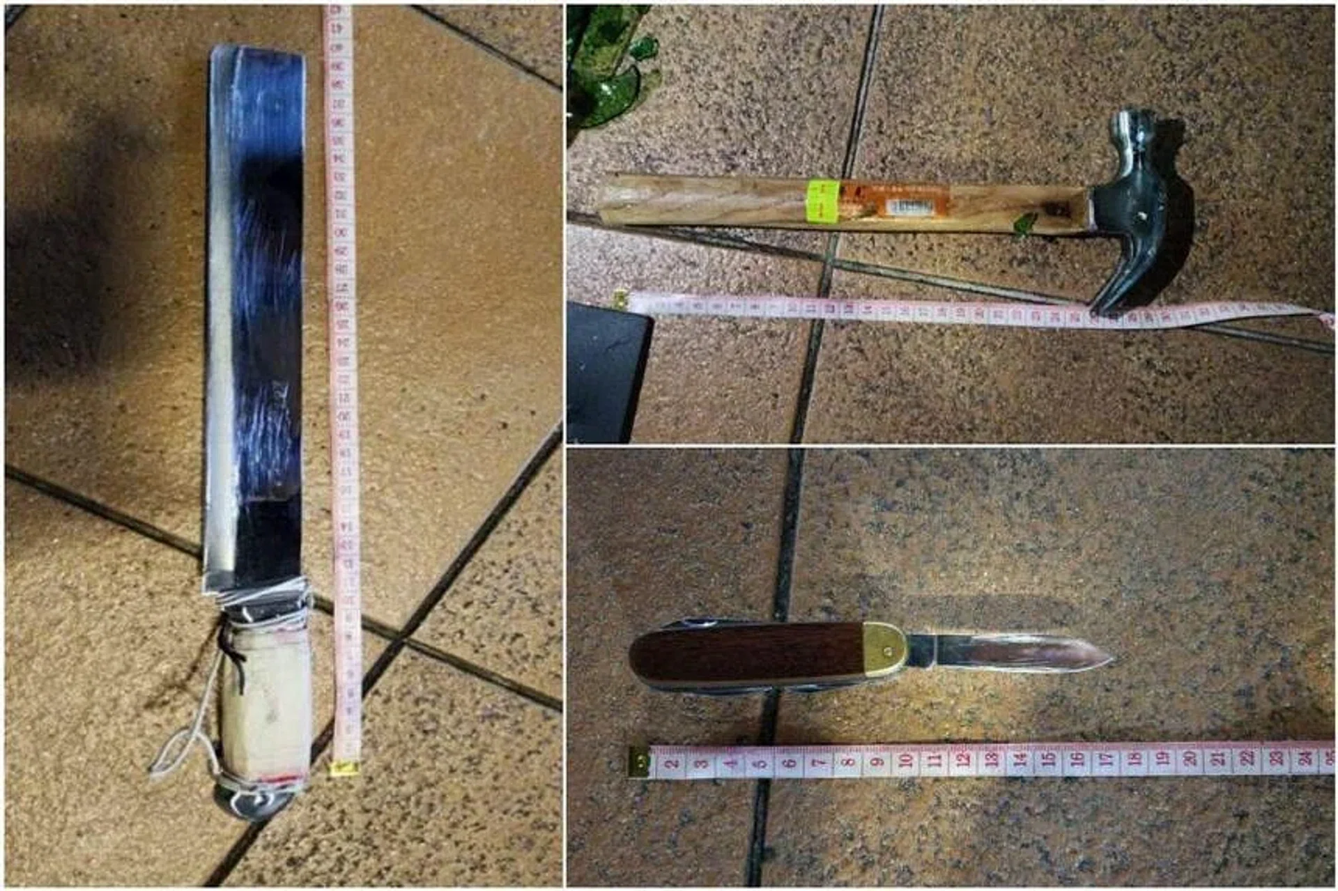 The man was allegedly armed with a 39cm-long knife. A Swiss Army knife and a hammer were also taken from the man. PHOTOS: SINGAPORE POLICE FORCE
