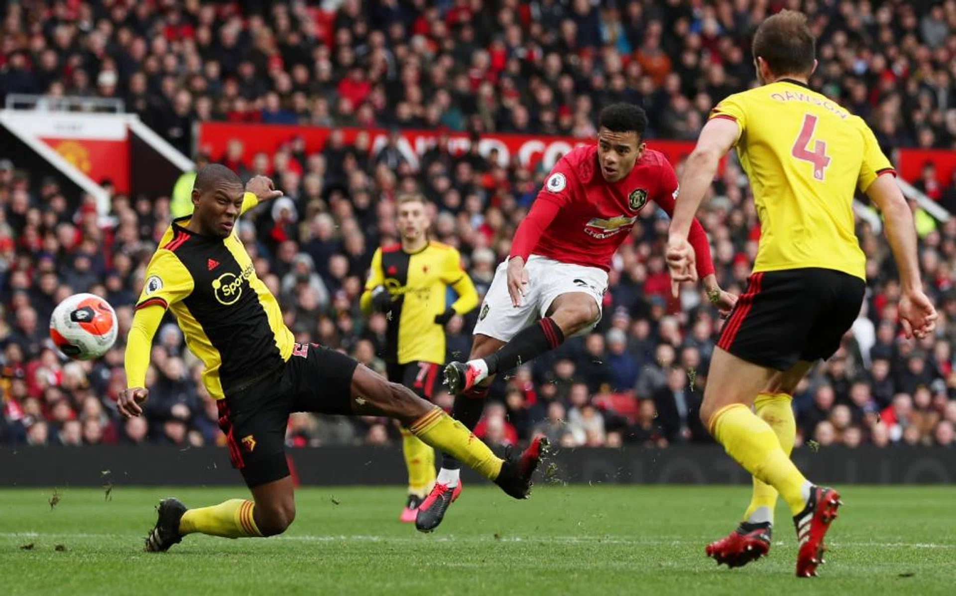 Forward Mason Greenwood (in red) unleashing a piledriver in the 75th minute to score Manchester United's third goal against Watford on Sunday (Feb 23). 