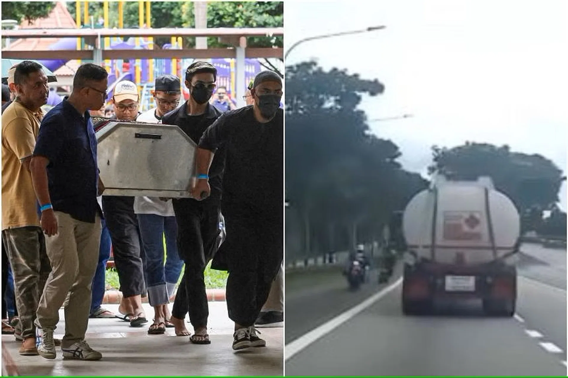 LTA enforcement officer Zdulfika Ahakasah’s body (left) arrived at his HDB block in Ang Mo Kio on June 5. He died in hospital after chasing a motorcyclist near an expressway exit on June 4. 