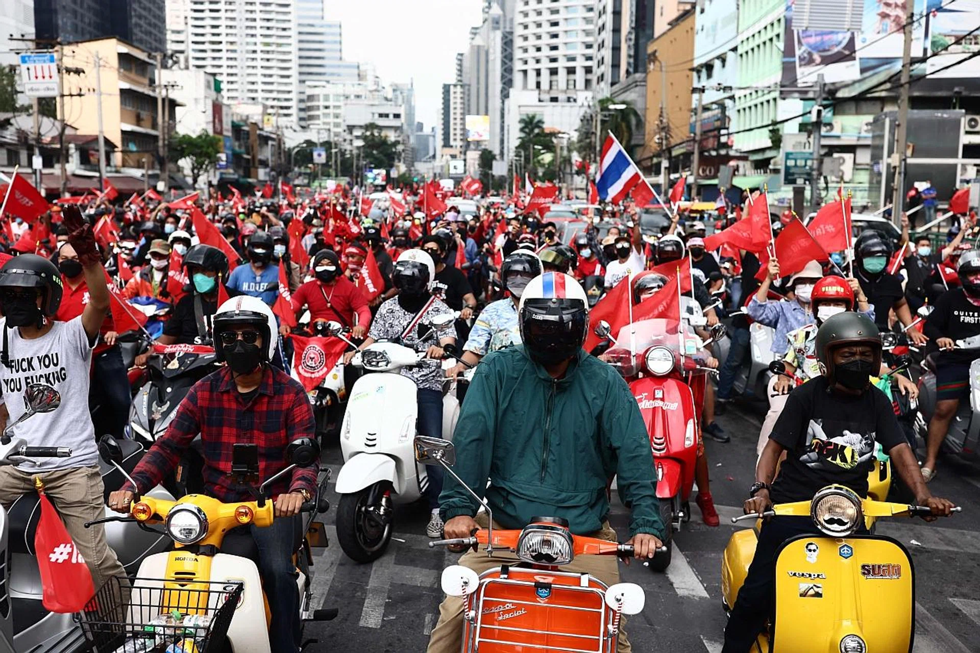 Anti-government protesters gathering for a demonstration to mark the 15-year anniversary of the 2006 military takeover in Bangkok.