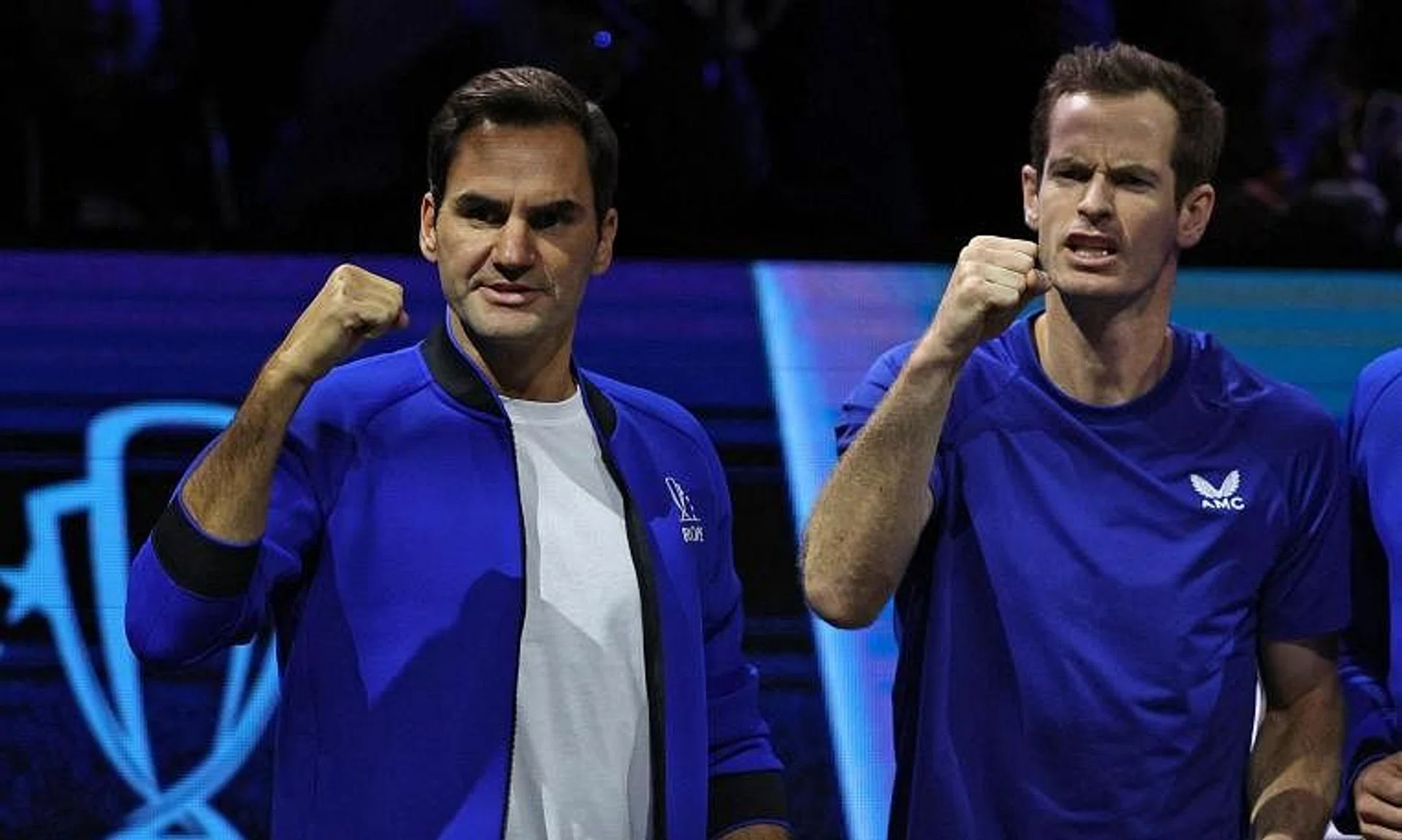 Roger Federer (left) and Andy Murray react during a match at the 2022 Laver Cup men's singles in London on Sept 25.