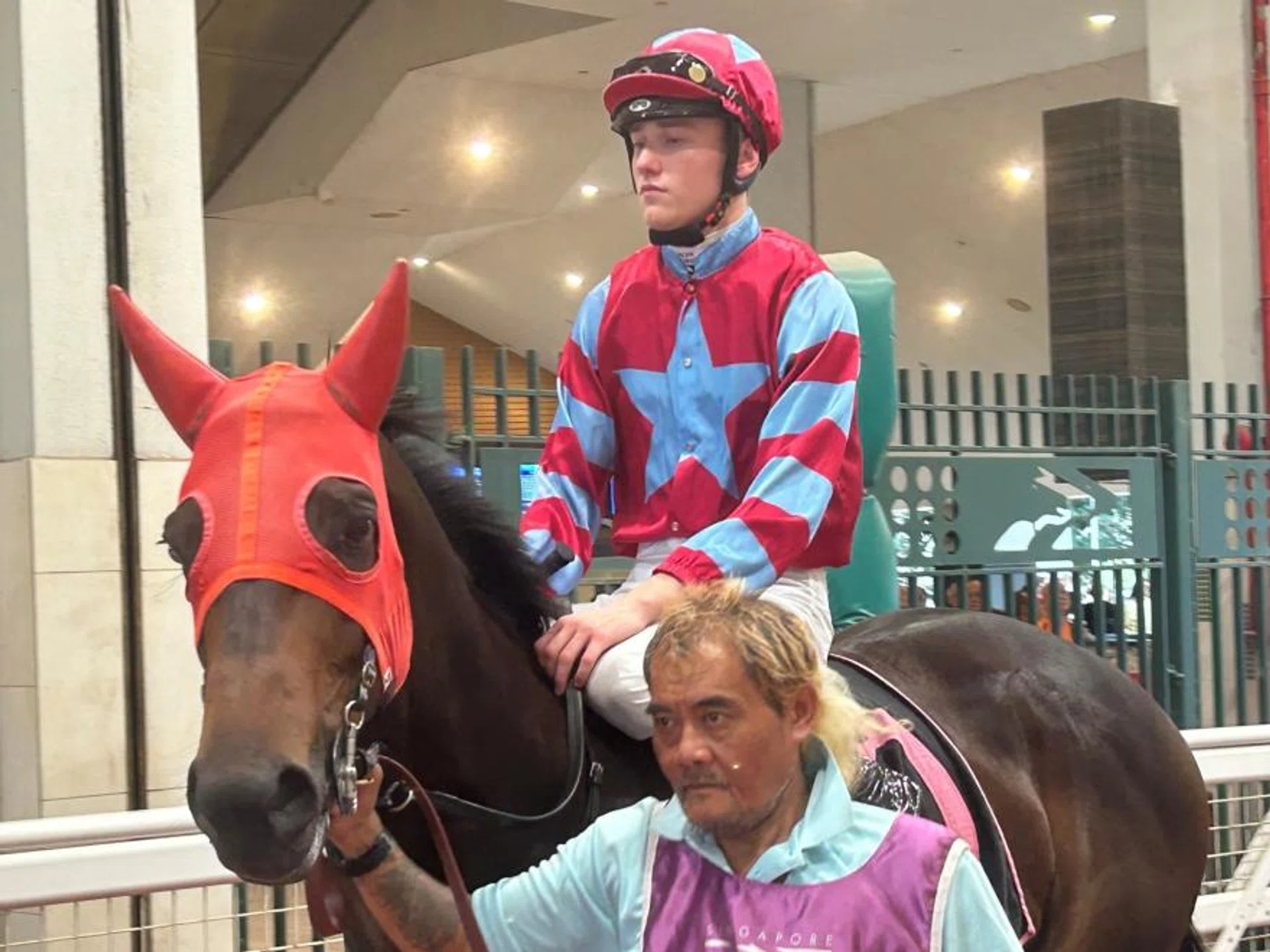 Jaden Lloyd heading out on his last Singapore ride Golden Sentience in Race 7 on April 21. They finished eighth behind winner Rubik Kid.


