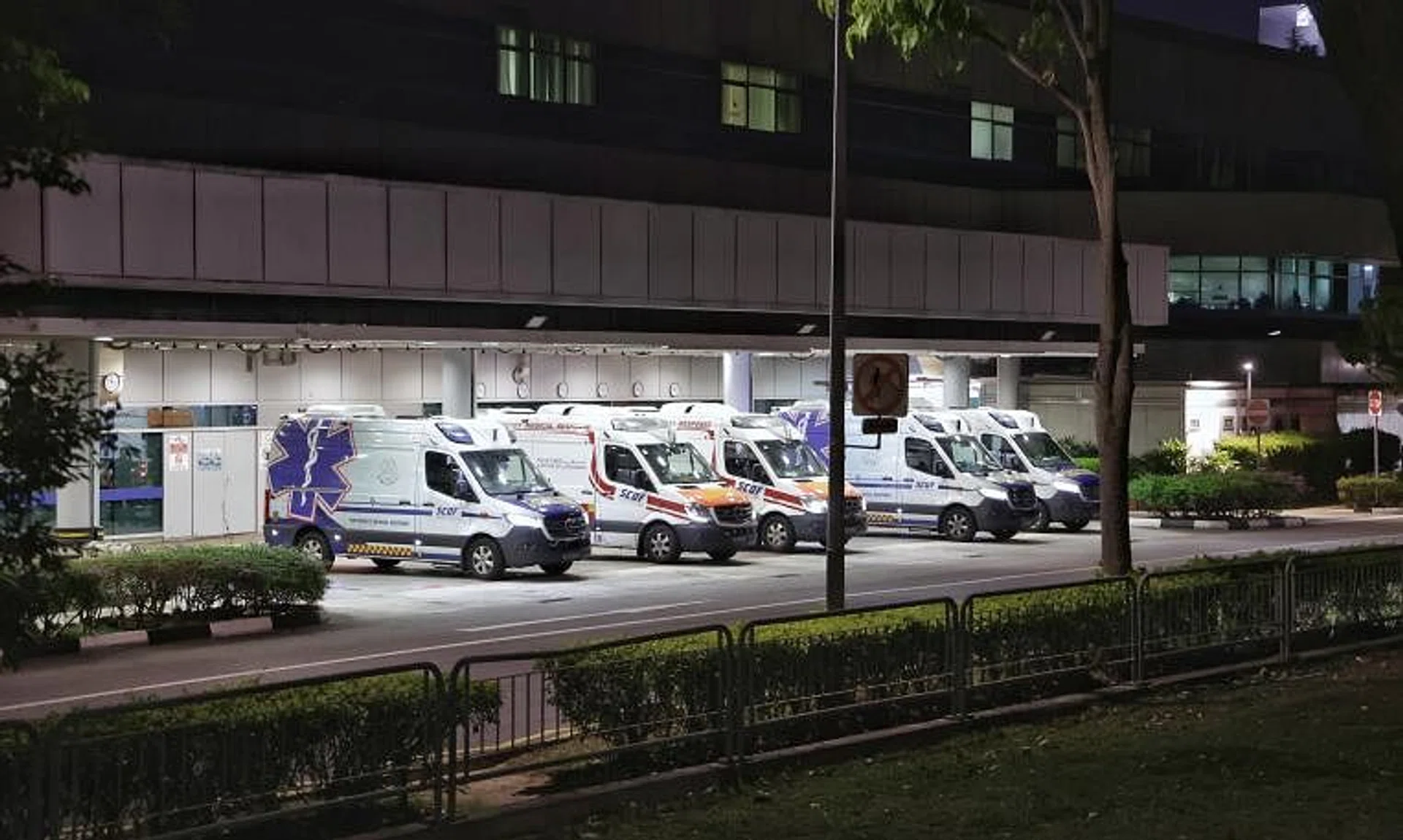 Ambulances as seen at 11.15pm in the ambulance bay of the emergency department at Changi General Hospital.