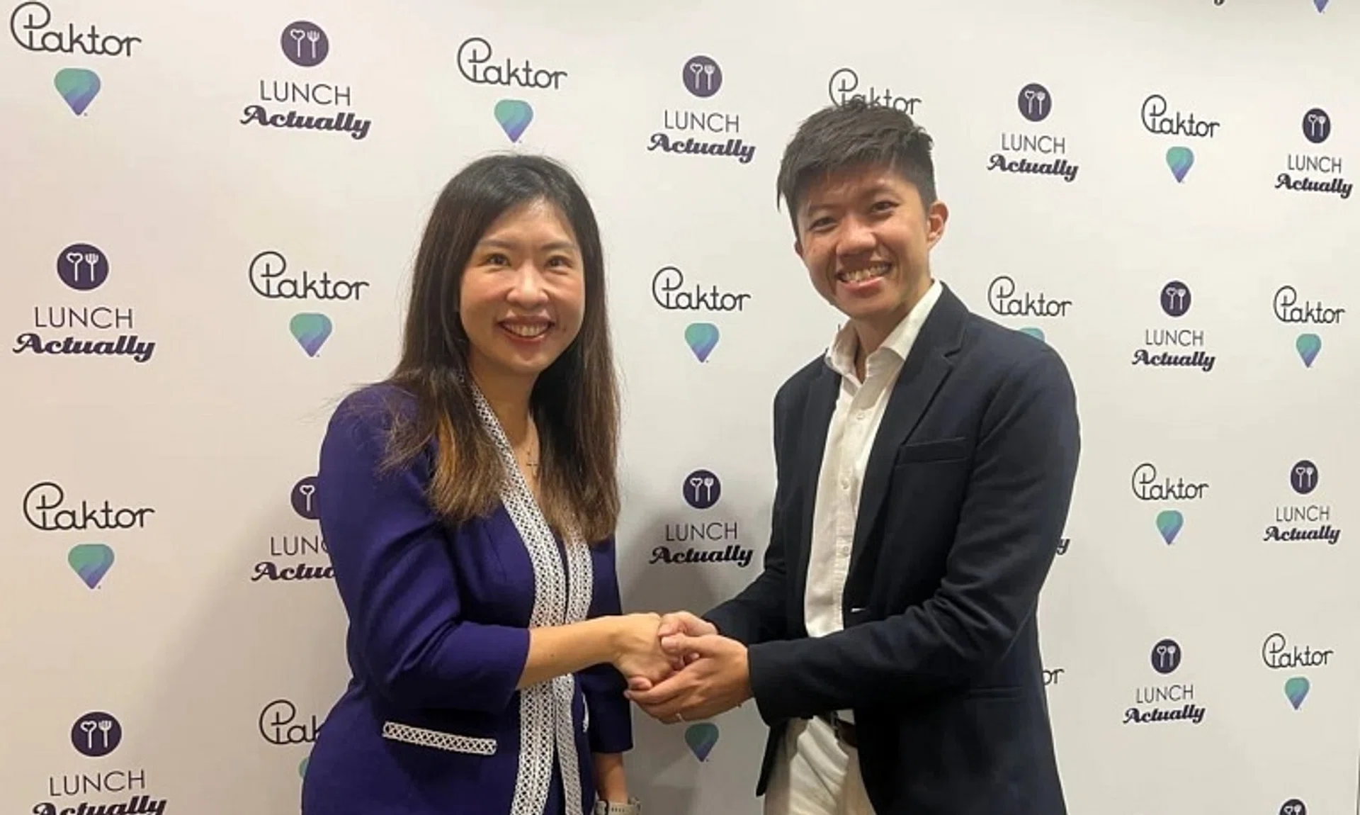 Violet Lim, co-founder and CEO of Lunch Actually, and Alex Tam, CEO of Paktor Group. The two dating agencies have merged to form Lunch Actually Paktor Group.