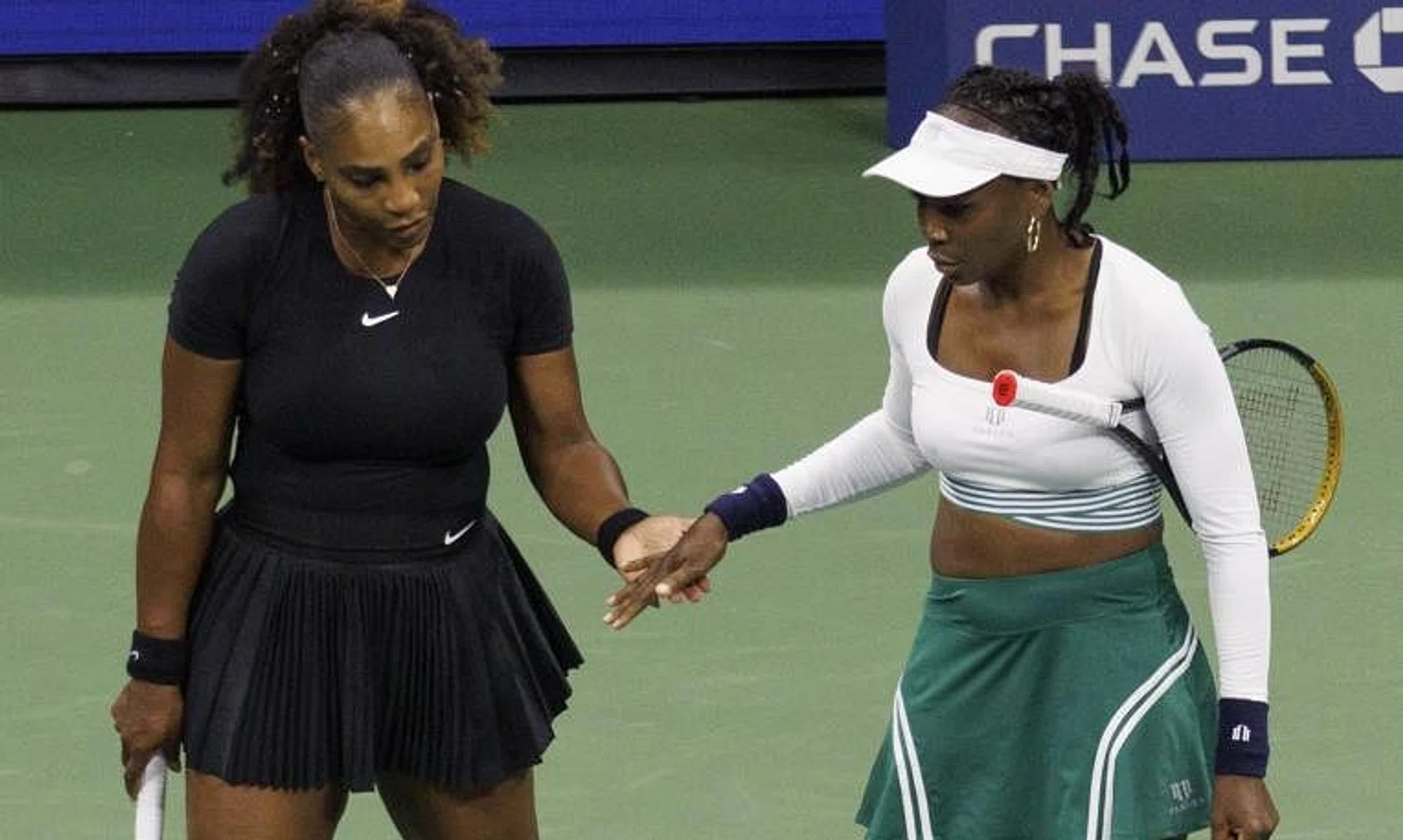 Serena (left) and Venus Williams during the women's doubles match at the US Open Tennis Championships on Sept 1, 2022.