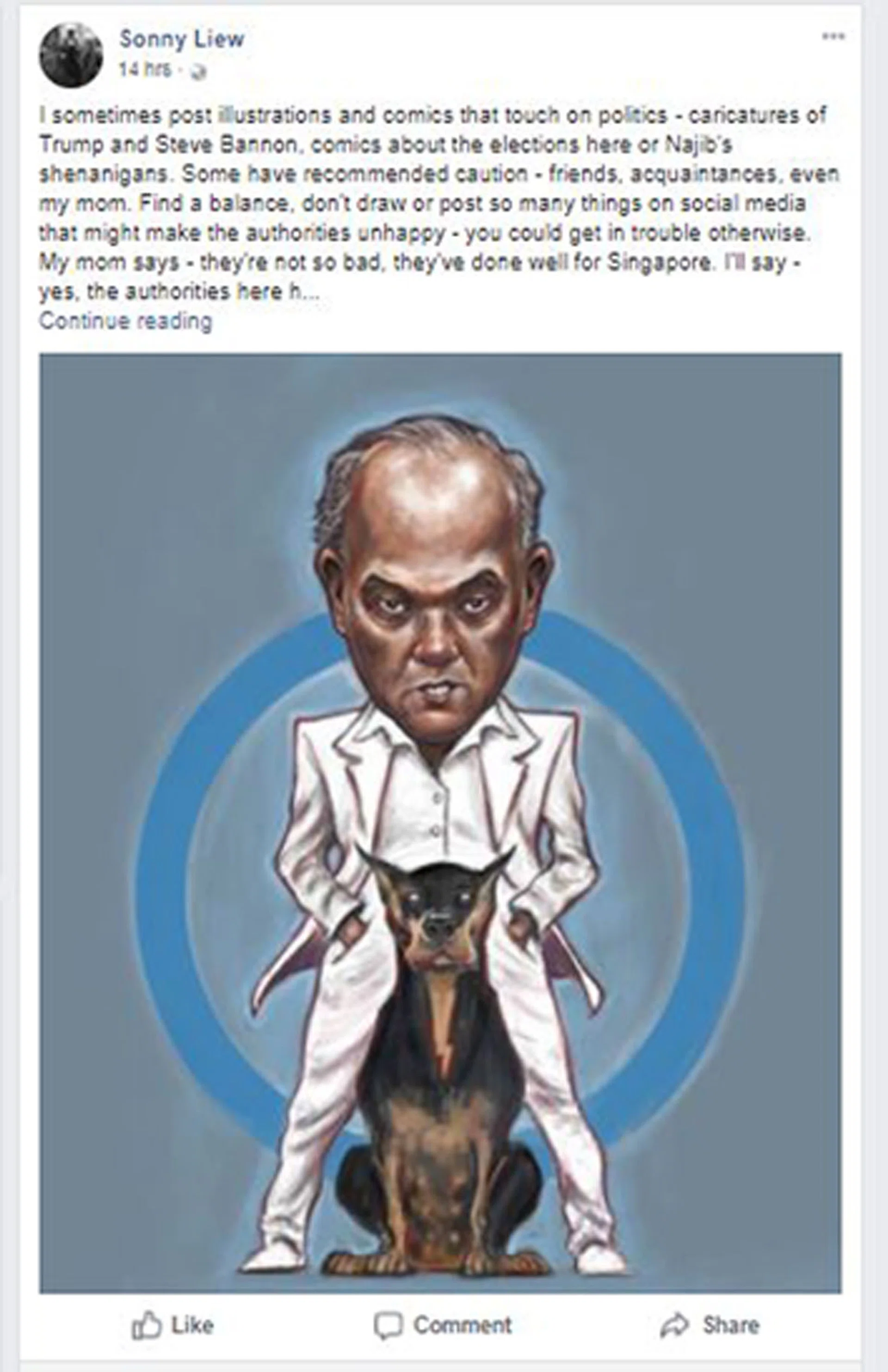 (Left) Iillustration of Mr Shanmugam, as posted on Facebook by cartoonist Sonny Liew (above). PHOTOS: FACEBOOK, TNP FILE