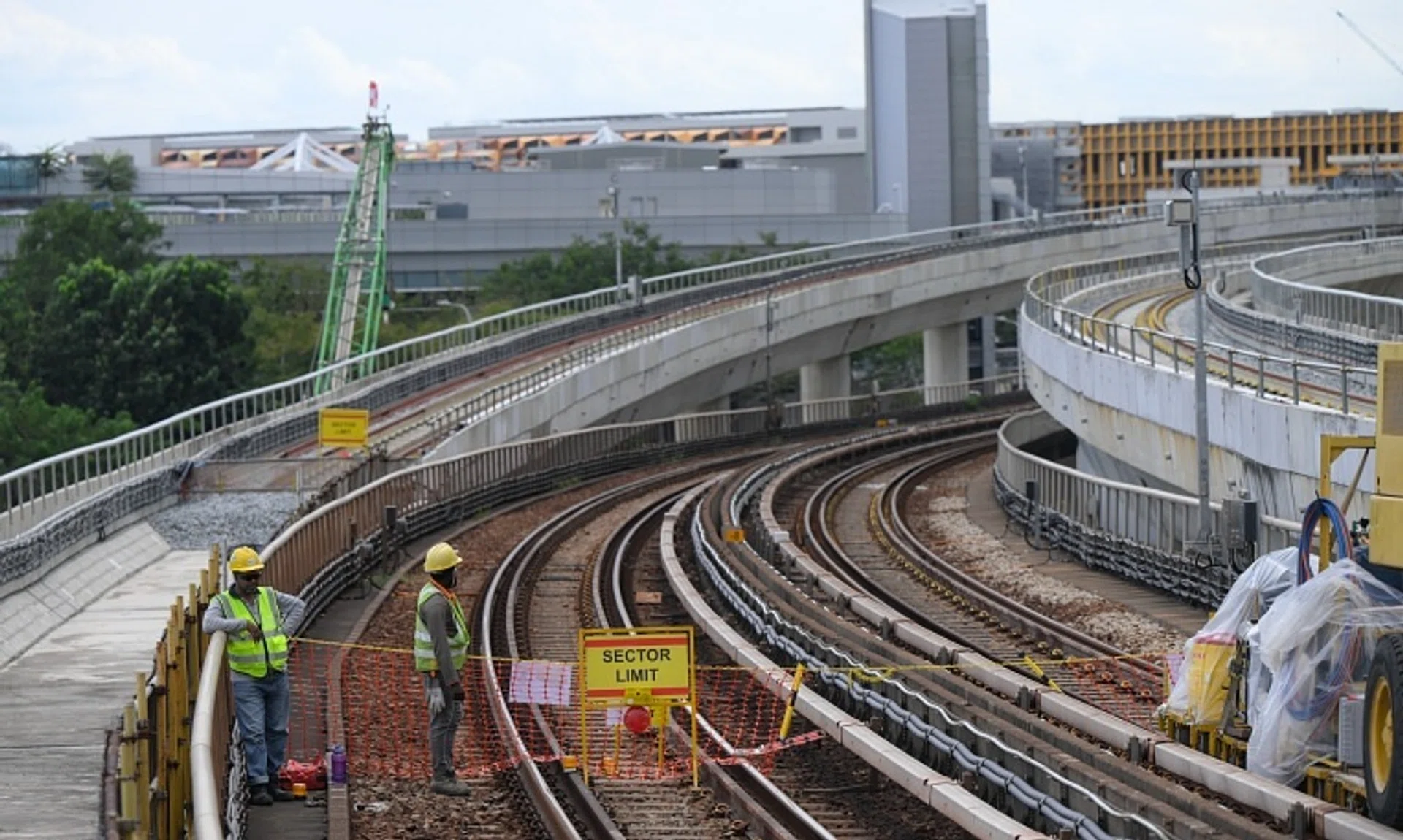 Work being carried out on Dec 8 on the Tanah Merah viaduct to connect tracks from the East-West Line to the new East Coast Integrated Depot.