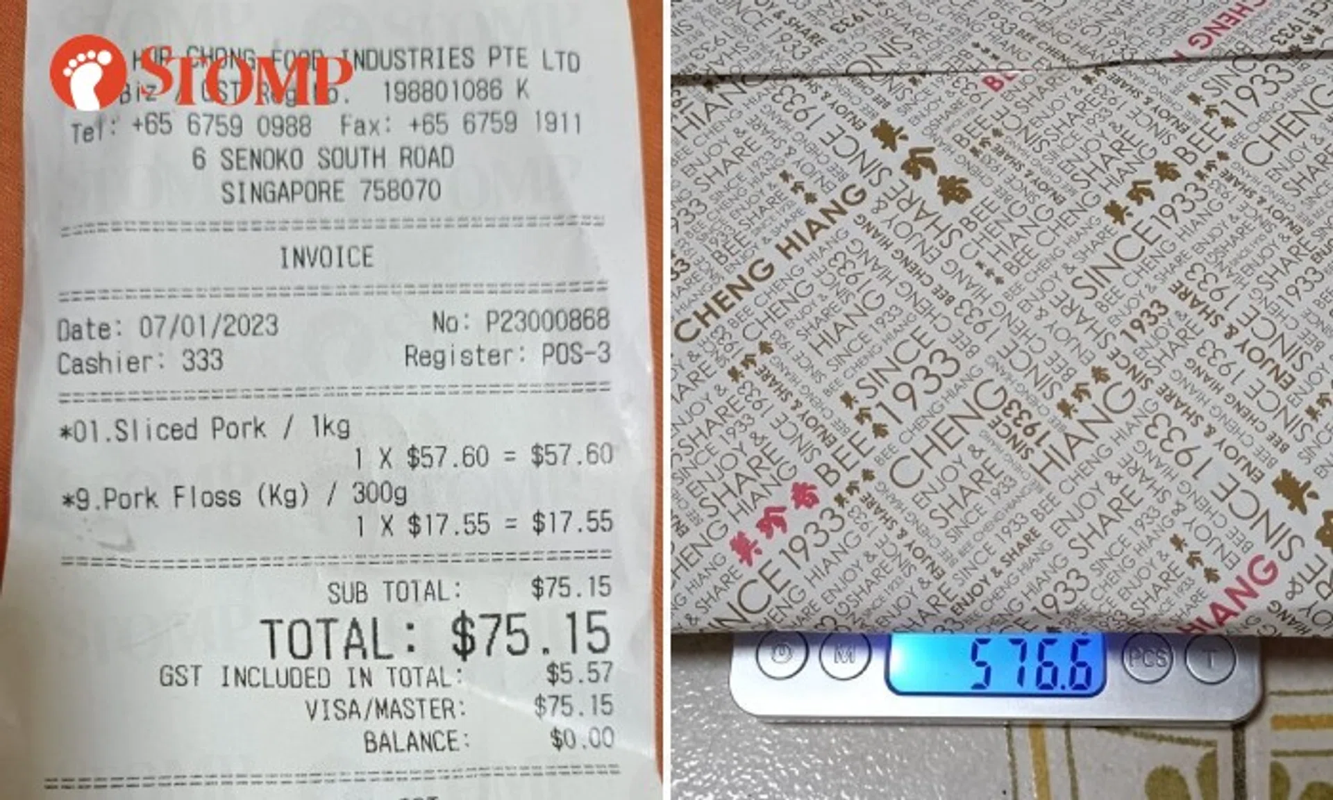 Couple paid $57.60 for 1kg of bak kwa, but they received only 576.6g