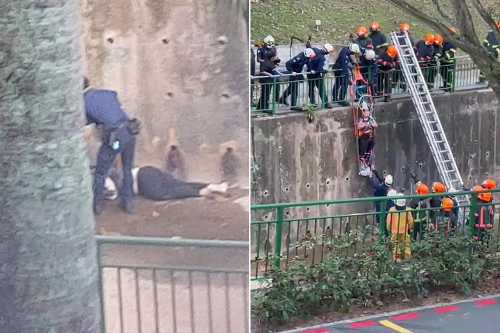 Madam Hu Hui Fang was seen lying face down in the canal. Rescuers secured her to a stretcher and lifted her with a hoisting system. 