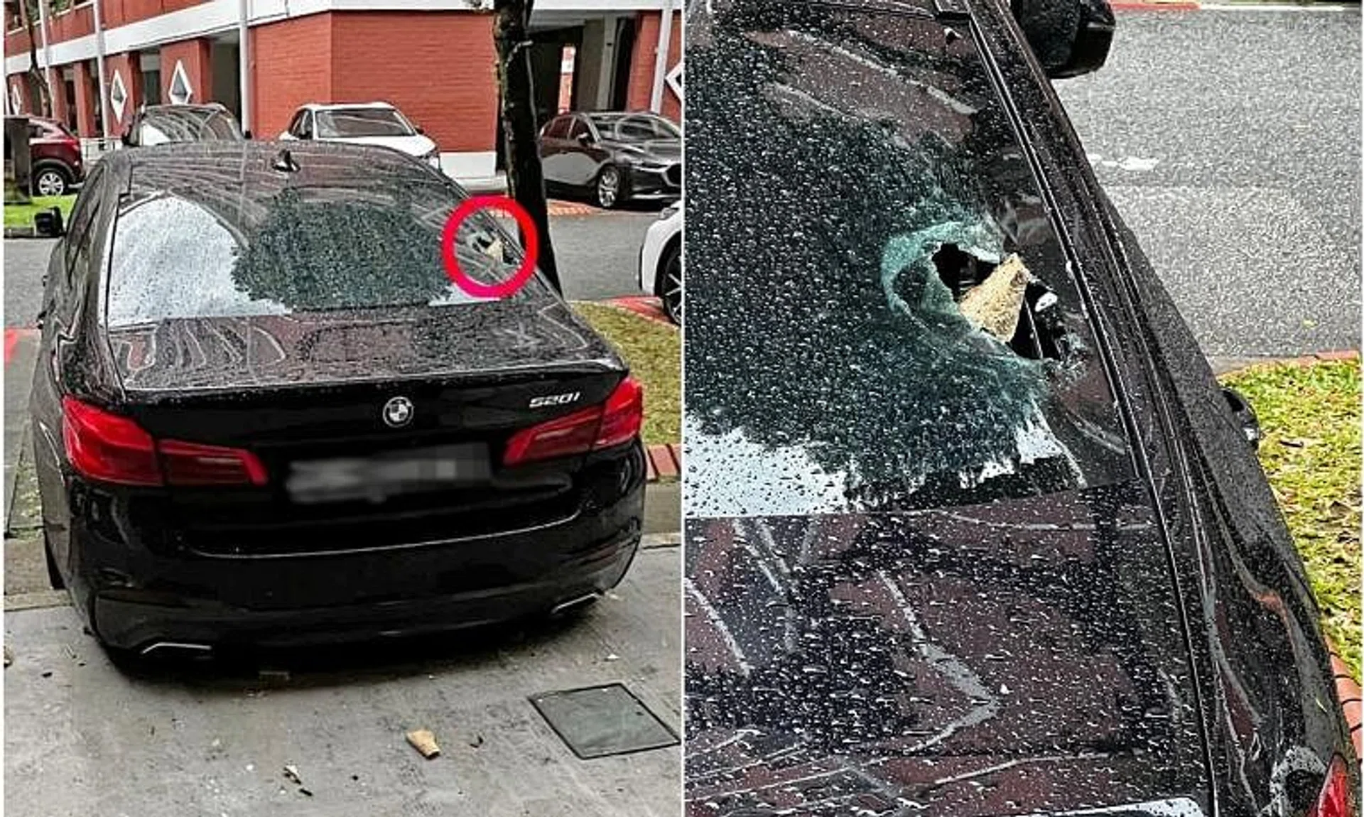 The incident left a gaping hole in the rear windscreen of a BMW sedan on Sunday.