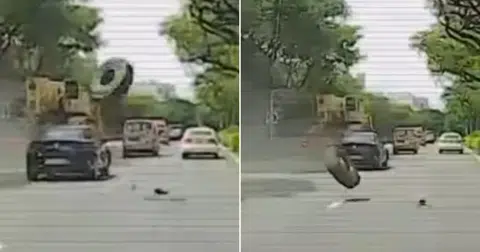 Tyre rolls off truck and hits car along PIE