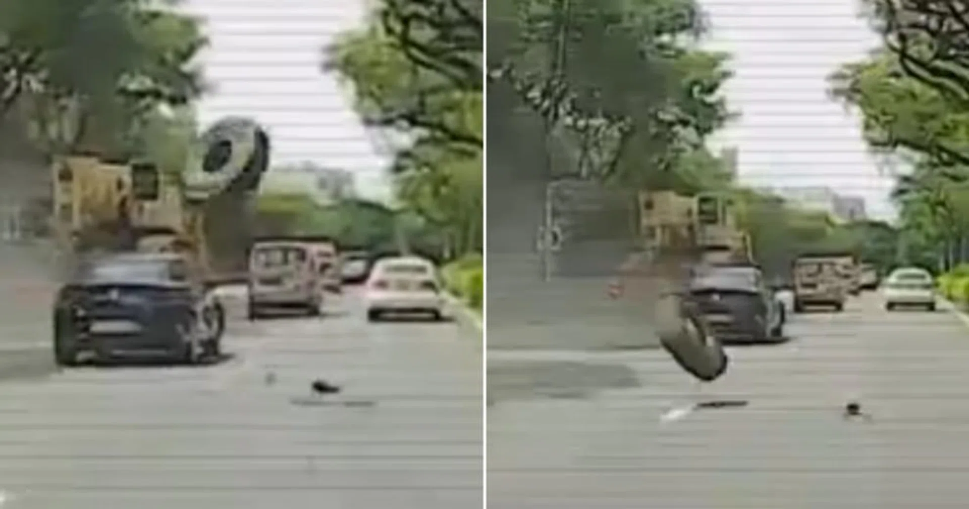 A tyre fell from a truck and hit a car along the Pan Island Expressway (PIE) on Saturday (Nov 27).