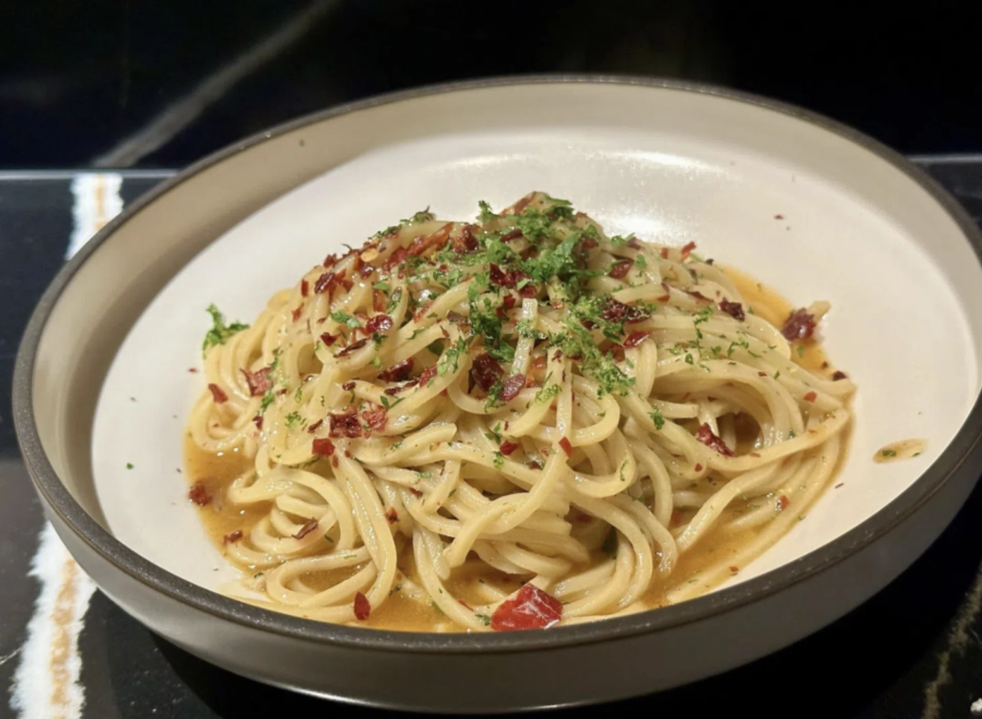 The chef's star aglio olio pasta.