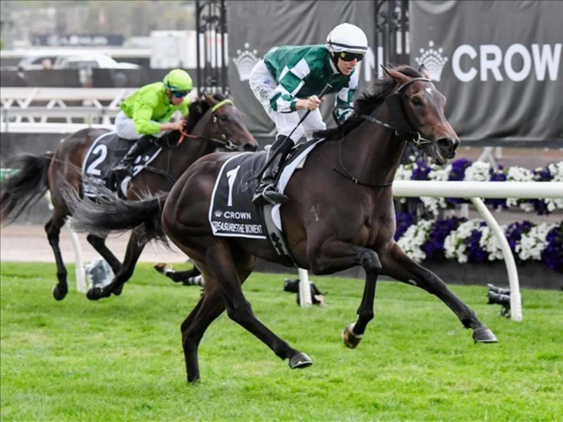 Treasurethe Moment (Damian Lane) drawing away to an easy win in the Group 1 Crown Oaks (2,500m) at Flemington on Nov 7.