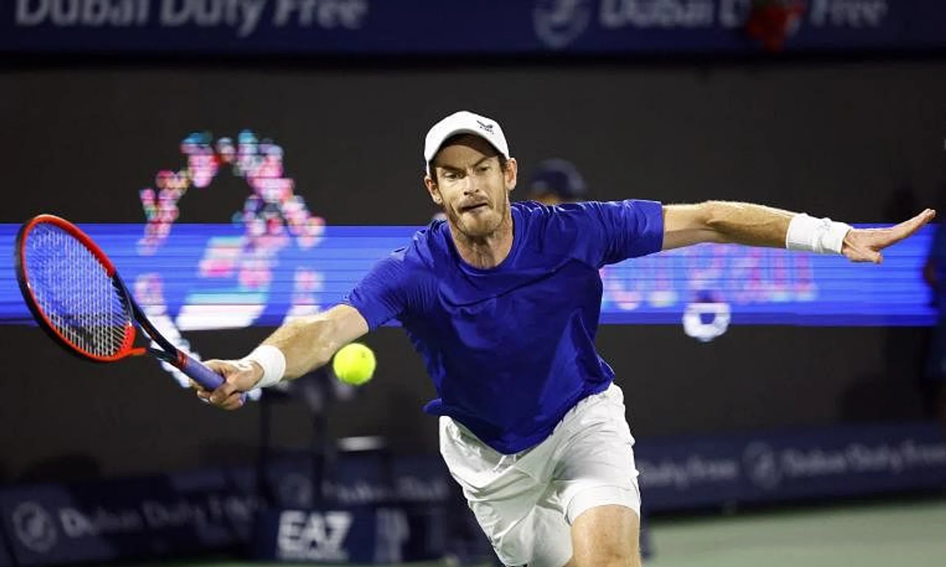 Britain's Andy Murray hitting the ball against Canada's Denis Shapovalov in the first round of the Dubai Tennis Championships.