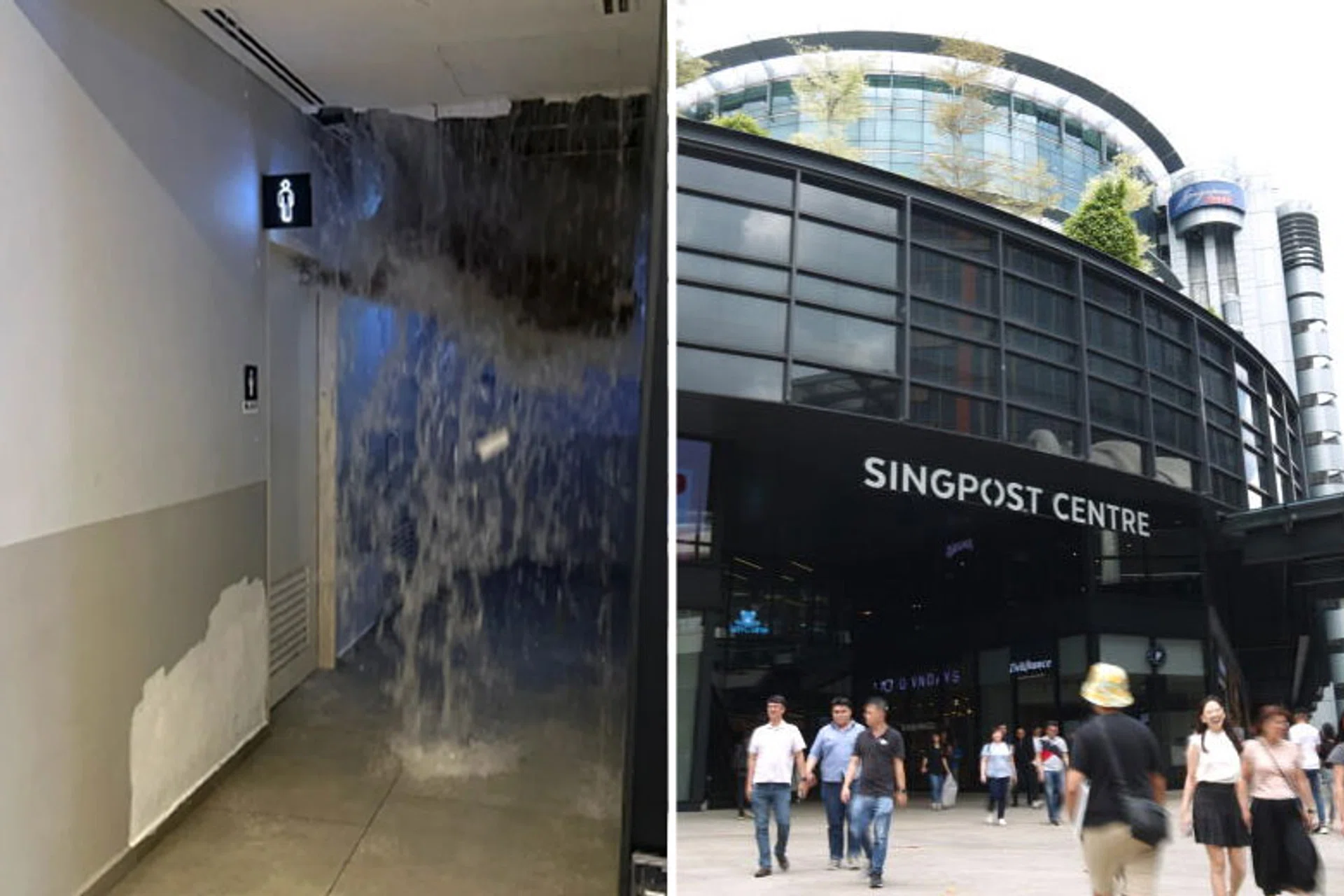 A girl was trapped inside a toilet after a burst pipe released a 'waterfall' at SingPost Centre. 