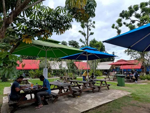 Migrant workers meeting their friends at benches in Sembawang Recreation Centre, which opened in April 2024, on Jan 26.