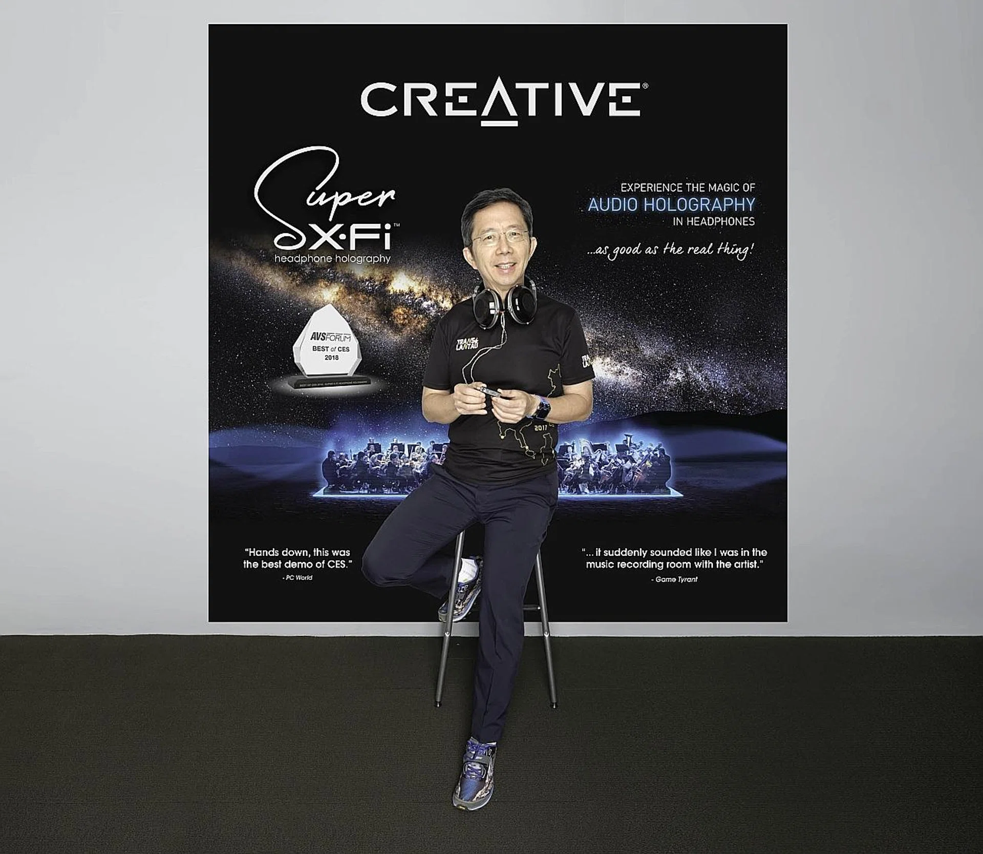 Mr Sim Wong Hoo, the founder, CEO and Chairman of Creative Technology with the all-new Super X-Fi headphone processor. 