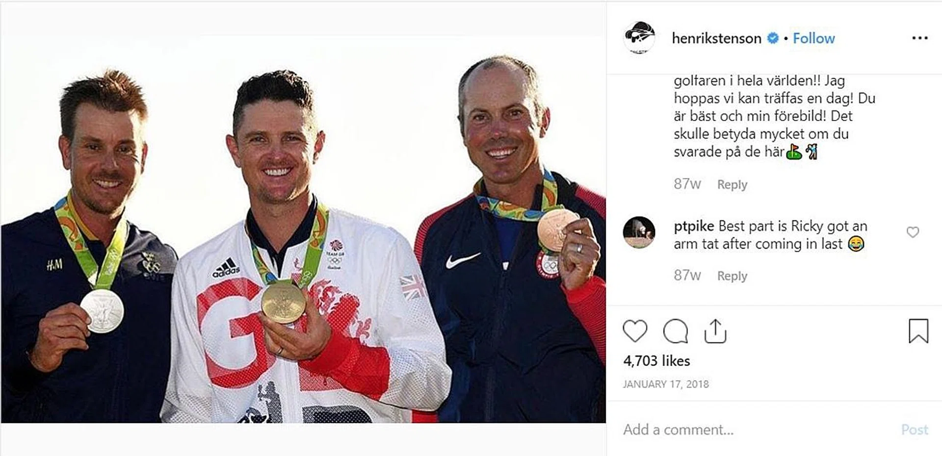 England's Justin Rose (centre), Sweden's Henrik Stenson (left) and American Matt Kuchar won the gold, silver and bronze medals respectively at the 2016 Rio Olympics. 