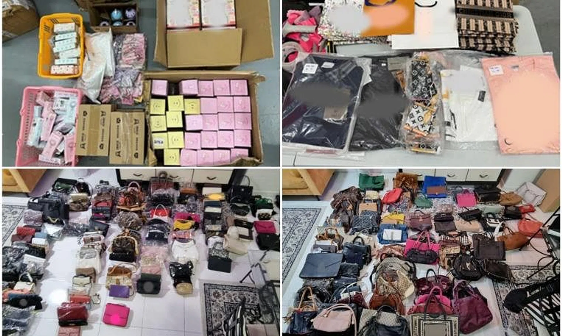 Counterfeit goods that were seized by the police in raids between July 31 and Aug 2 (top left and right), and in a separate raid on Aug 7 (bottom left and right).