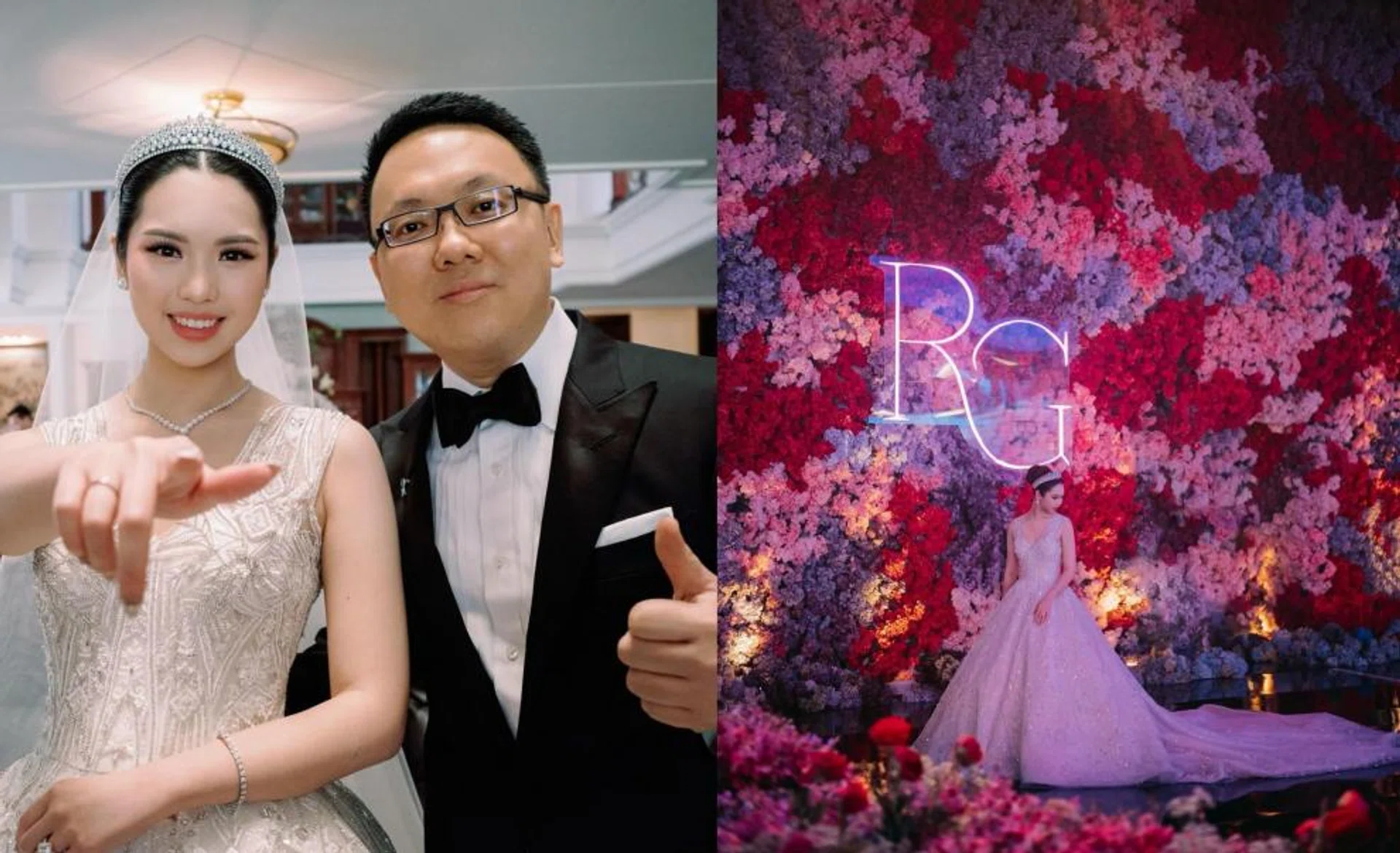 The bride wore a tiara and the groom was dressed in a tux. (Right) The bride against a huge backdrop of flowers.