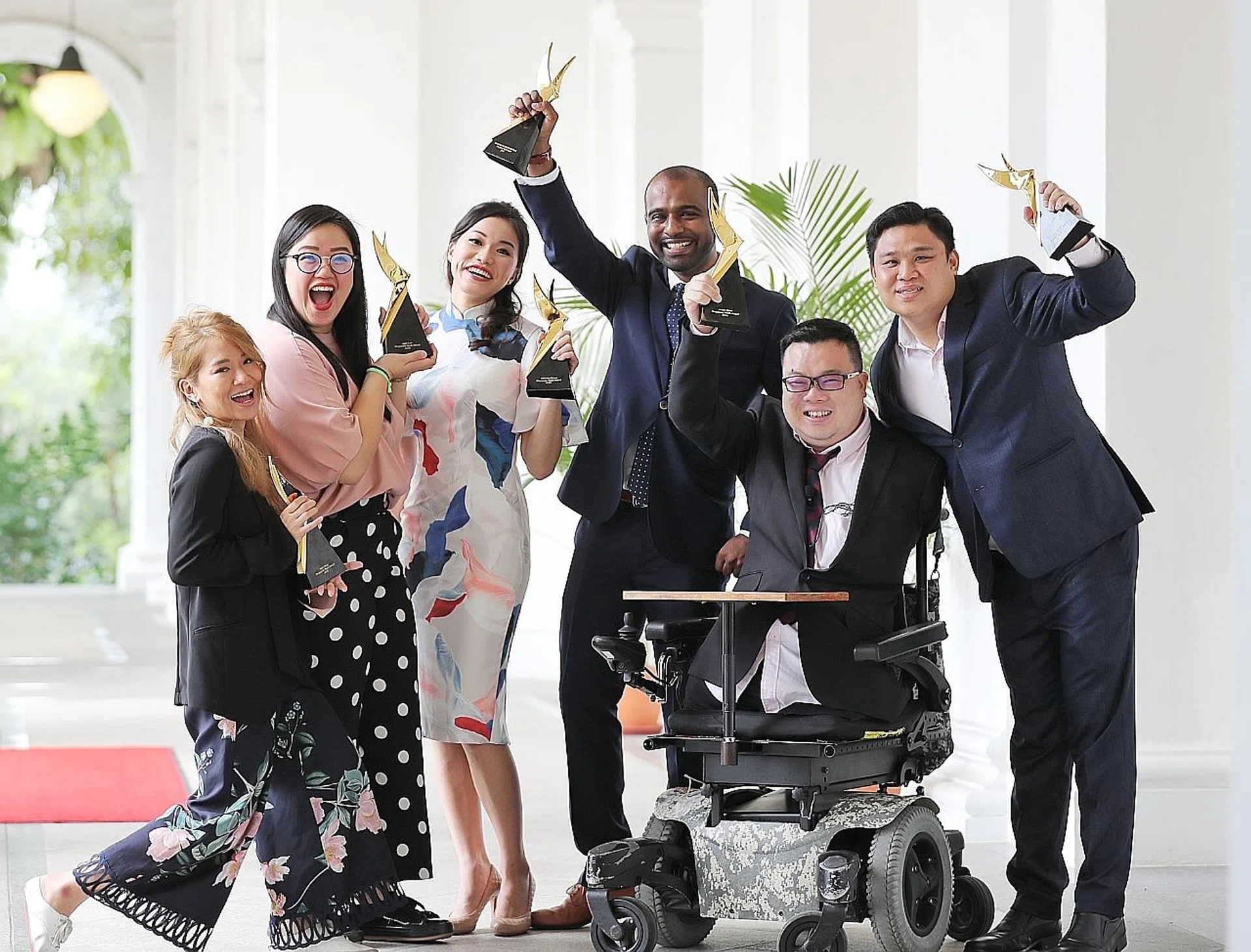 (From left) Singer-songwriter Inch Chua, Lien Foundation co-lead of early childhood development Jean Loo, state counsel Amanda Chong, SingHealth associate consultant orthopaedic surgeon Hamid Rahmatullah, para-athlete Jason Chee and social entrepreneur Daniel Teh. 