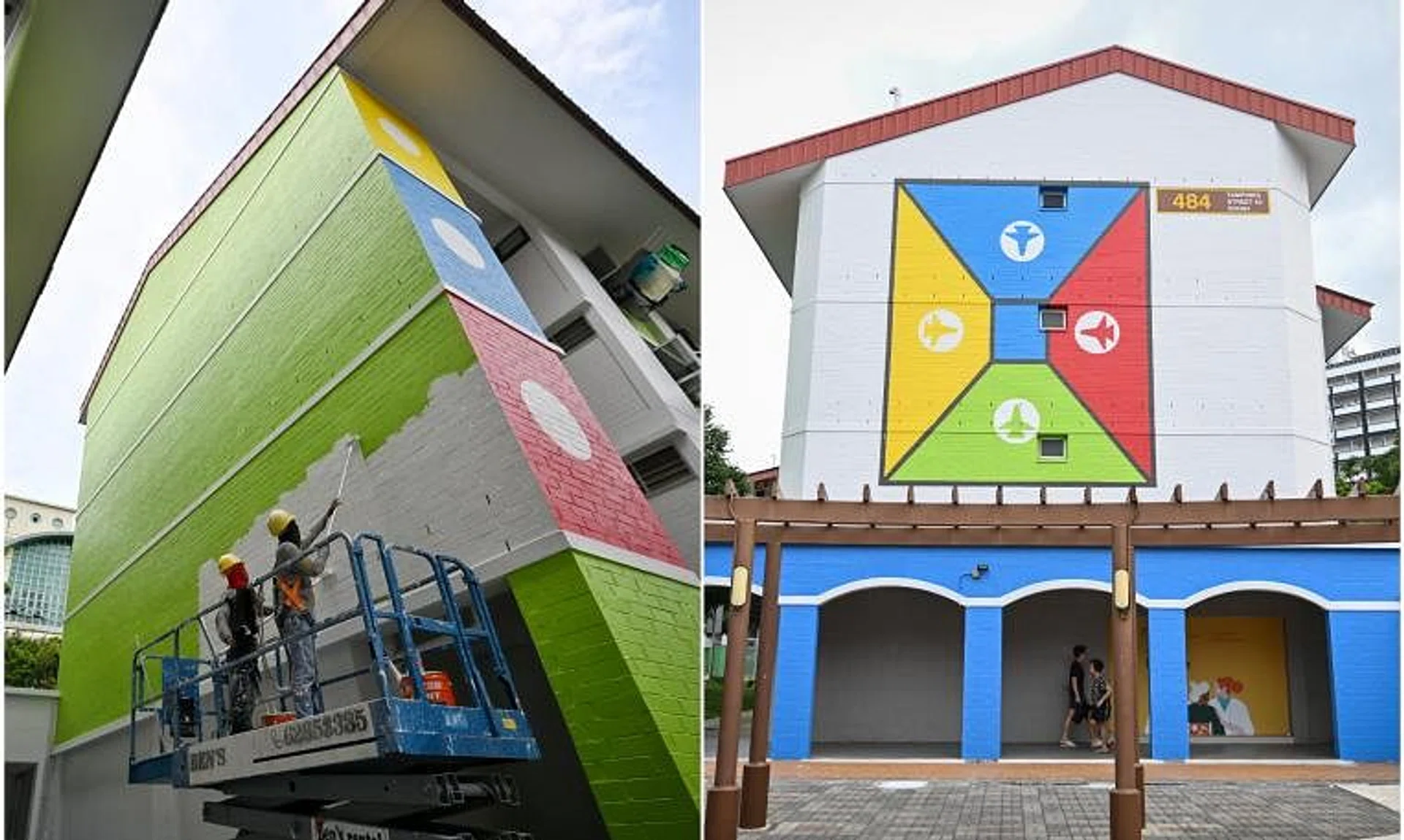 Workers repainting the wall of Block 479 Tampines Street 44 (left) on July 5. It is one of 13 blocks painted in June with nostalgia-themed motifs, such as aeroplane chess.
