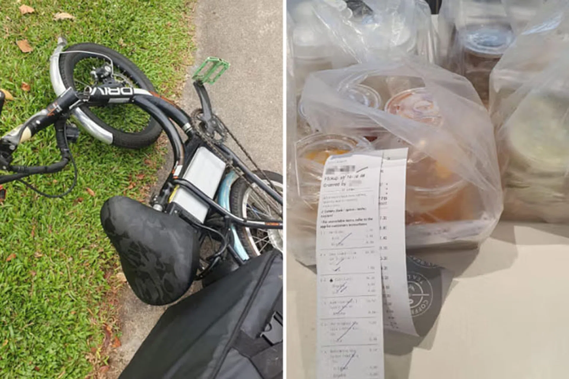 Since there were more than 10 cups of coffee waiting to be delivered, Mr Chen decided to drag the e-bike to a grass patch beside the road and deliver the items on foot.