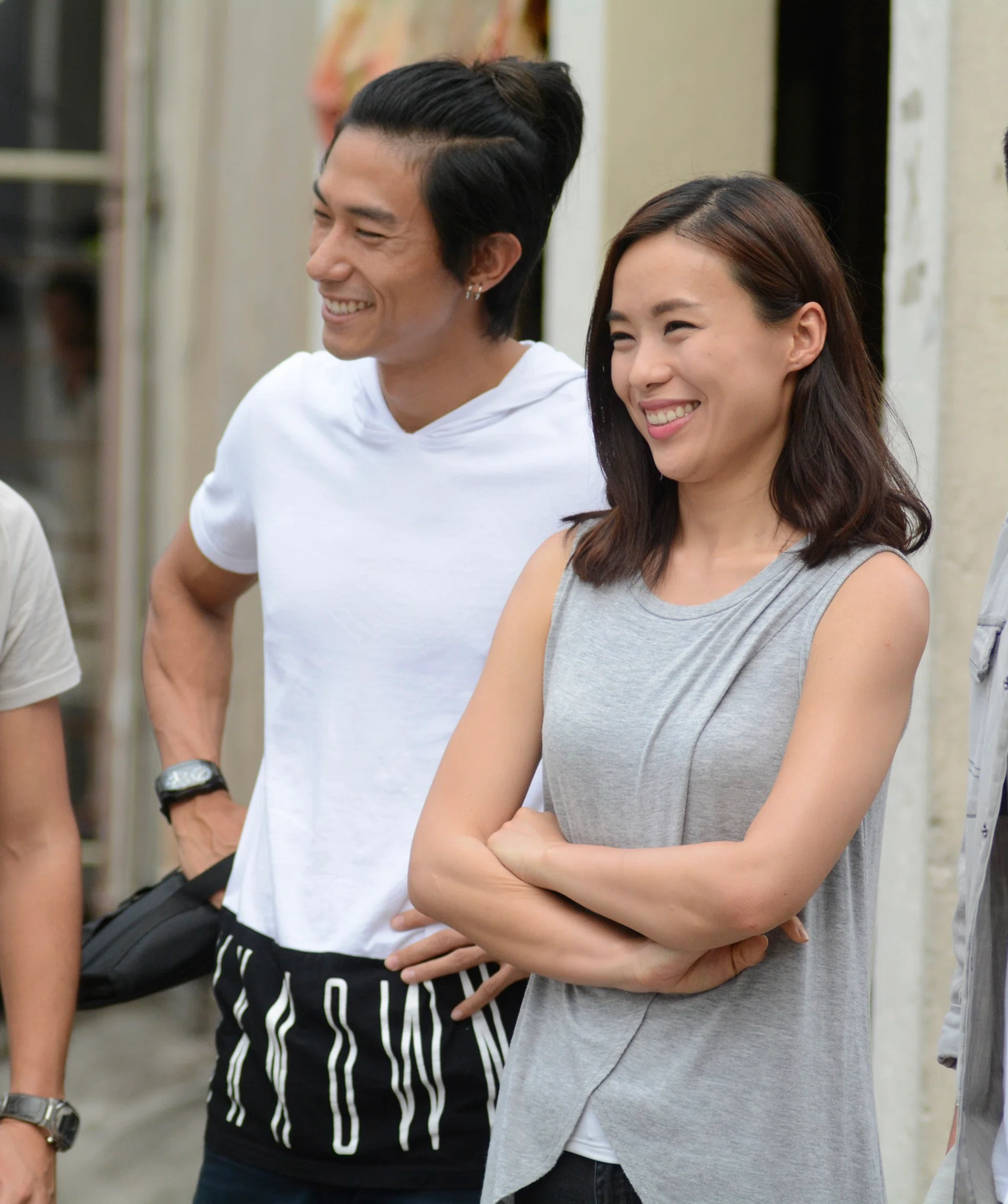 DRAMA: (above) Desmond Tan and Rebecca Lim in upcoming Channel 8 drama The Truth Seekers, Tan wearing a bikini for the show and Lim with Ian Fang in a scene.