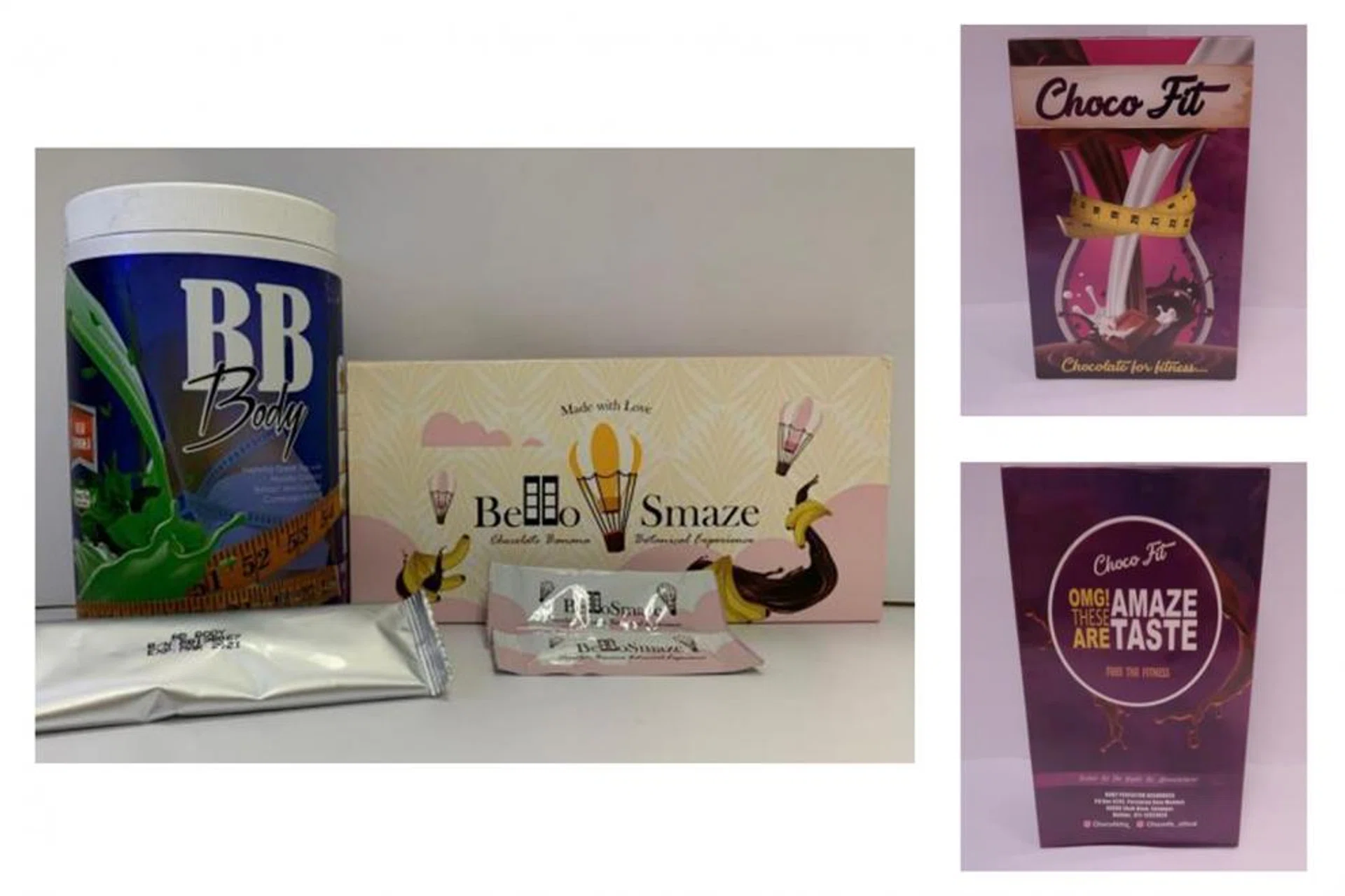 (From left) The products BB Body, Bello Smaze and Choco Fit contain the banned prescription drug sibutramine. 