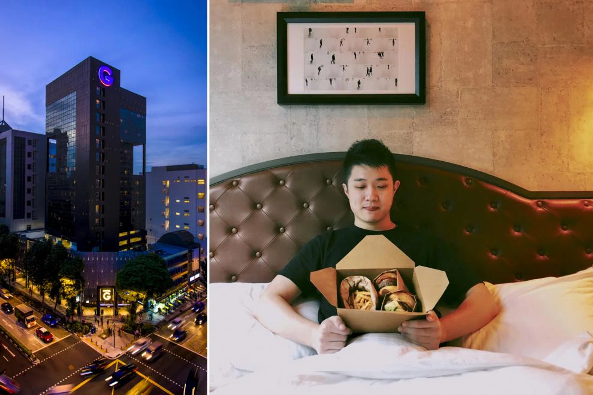 (From left) The Hotel G Singapore facade. The #burgersinbed package. 