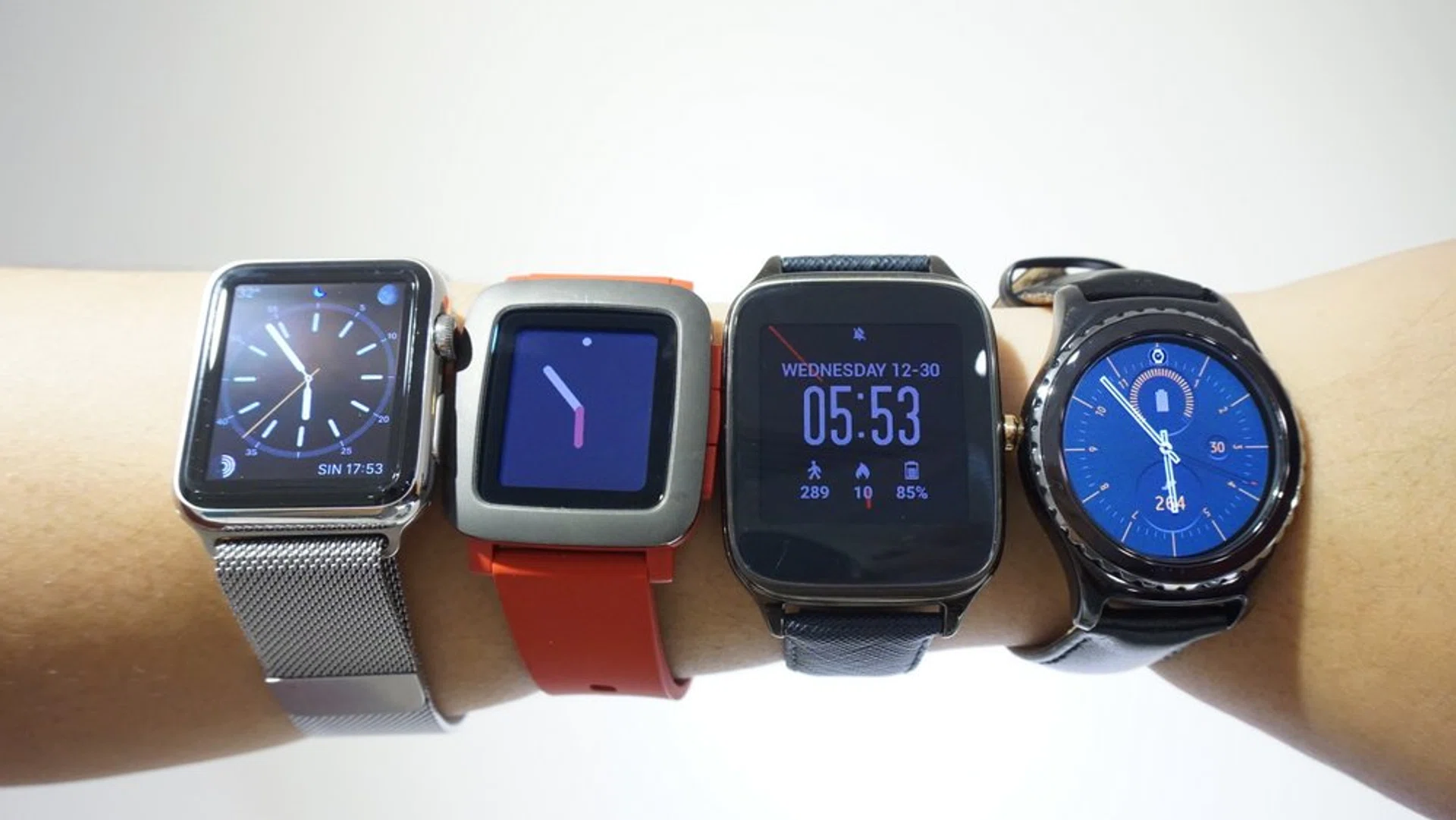 (From left to right) The Apple Watch, Pebble Time, Asus ZenWatch 2 and Samsung Gear S2 are some of the best wearable devices out on the market today.