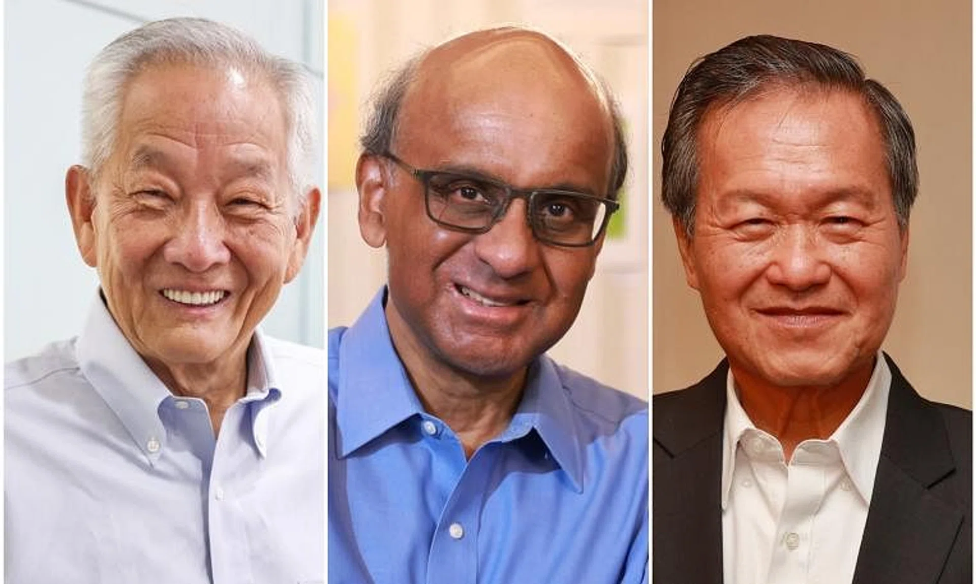 (From left) Former GIC investment chief Ng Kok Song,  former senior minister Tharman Shanmugaratnam and former NTUC Income chief Tan Kin Lian received their certificates of eligibility.