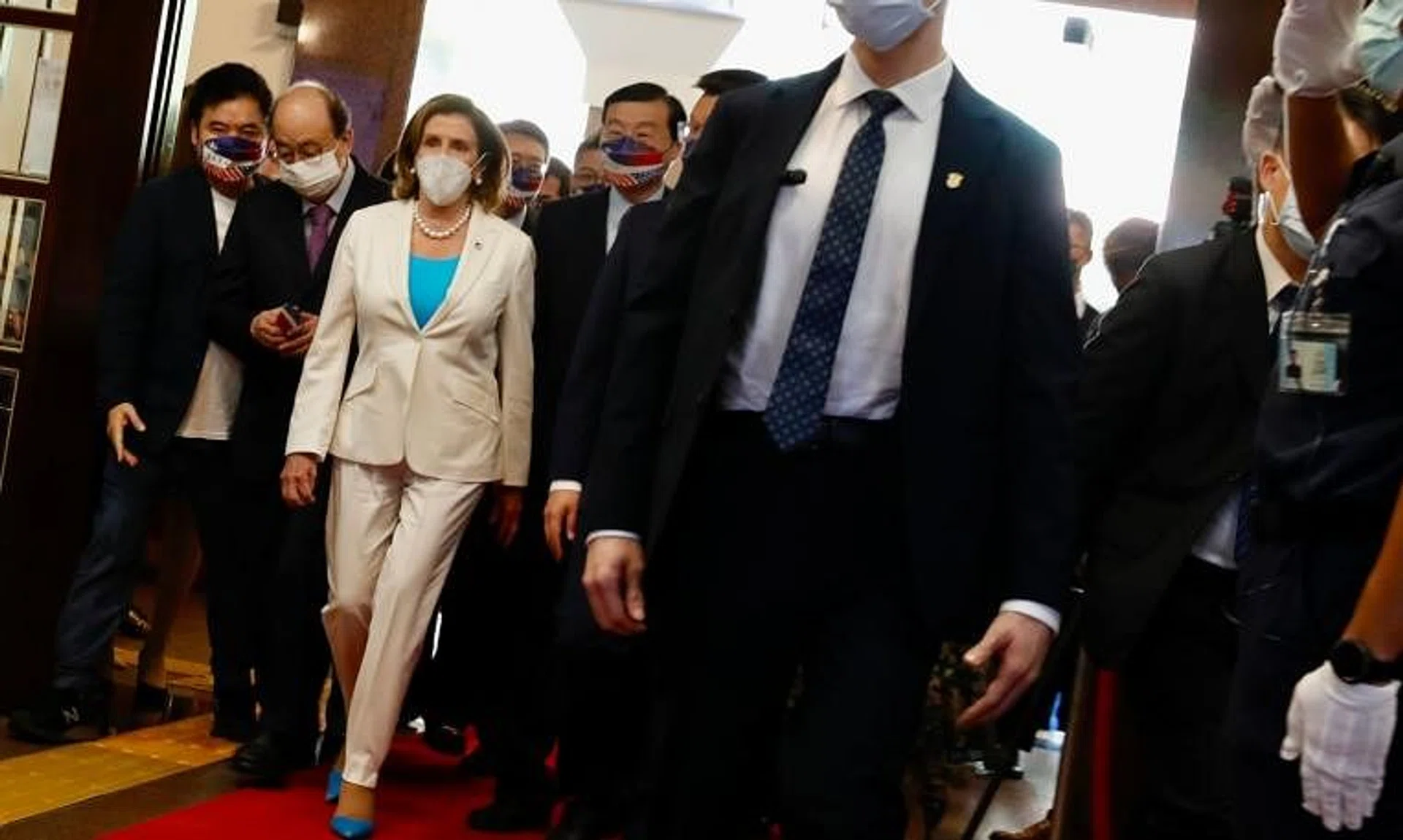 US House Speaker Nancy Pelosi (third from left) arrives at the Legislative Yuan in Taipei, Taiwan, on Aug. 3, 2022. 