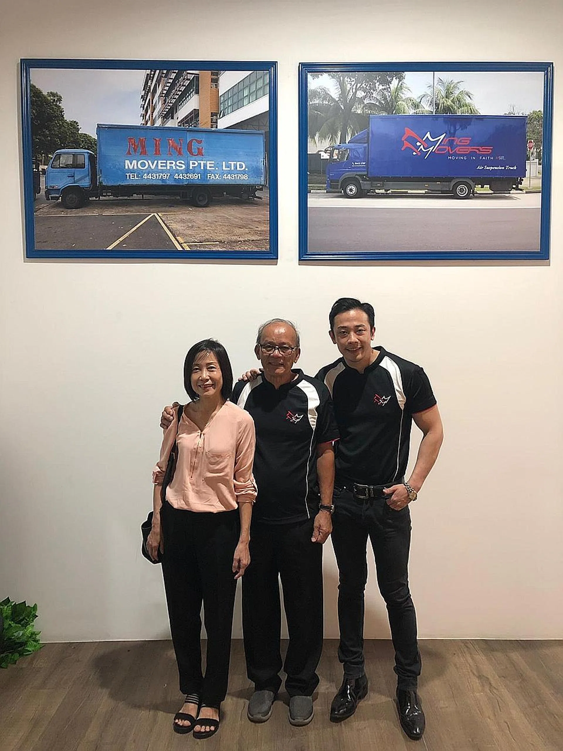Ming Movers managing director Cerwyn Tay with his mum and dad, who handed the reins of the company to him six years ago. 