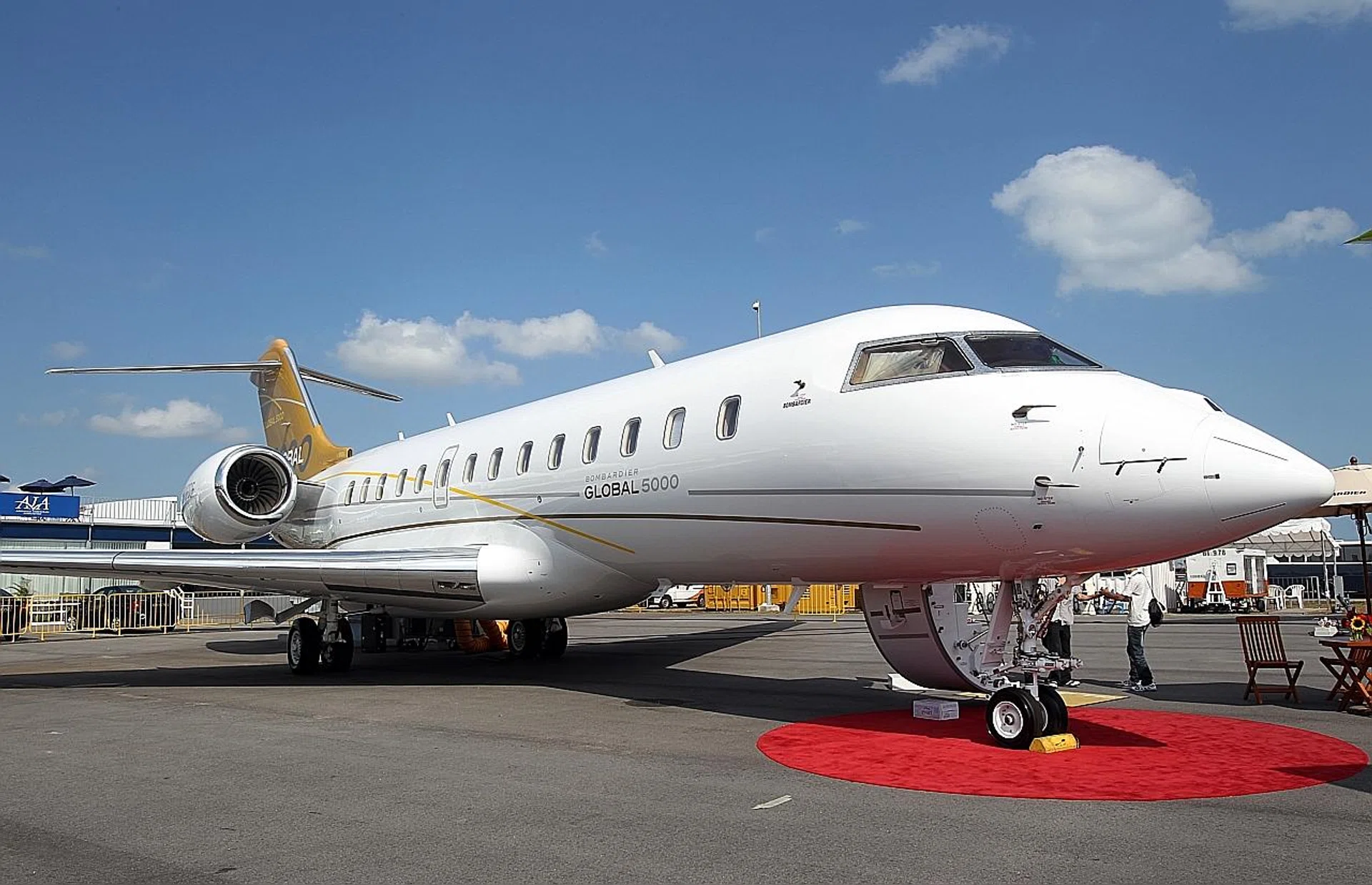 A Bombardier Global 5000 luxury jet, similar to the plane above, is parked at Seletar Airport, and is believed to belong to fugitive businessman Low Taek Jho.